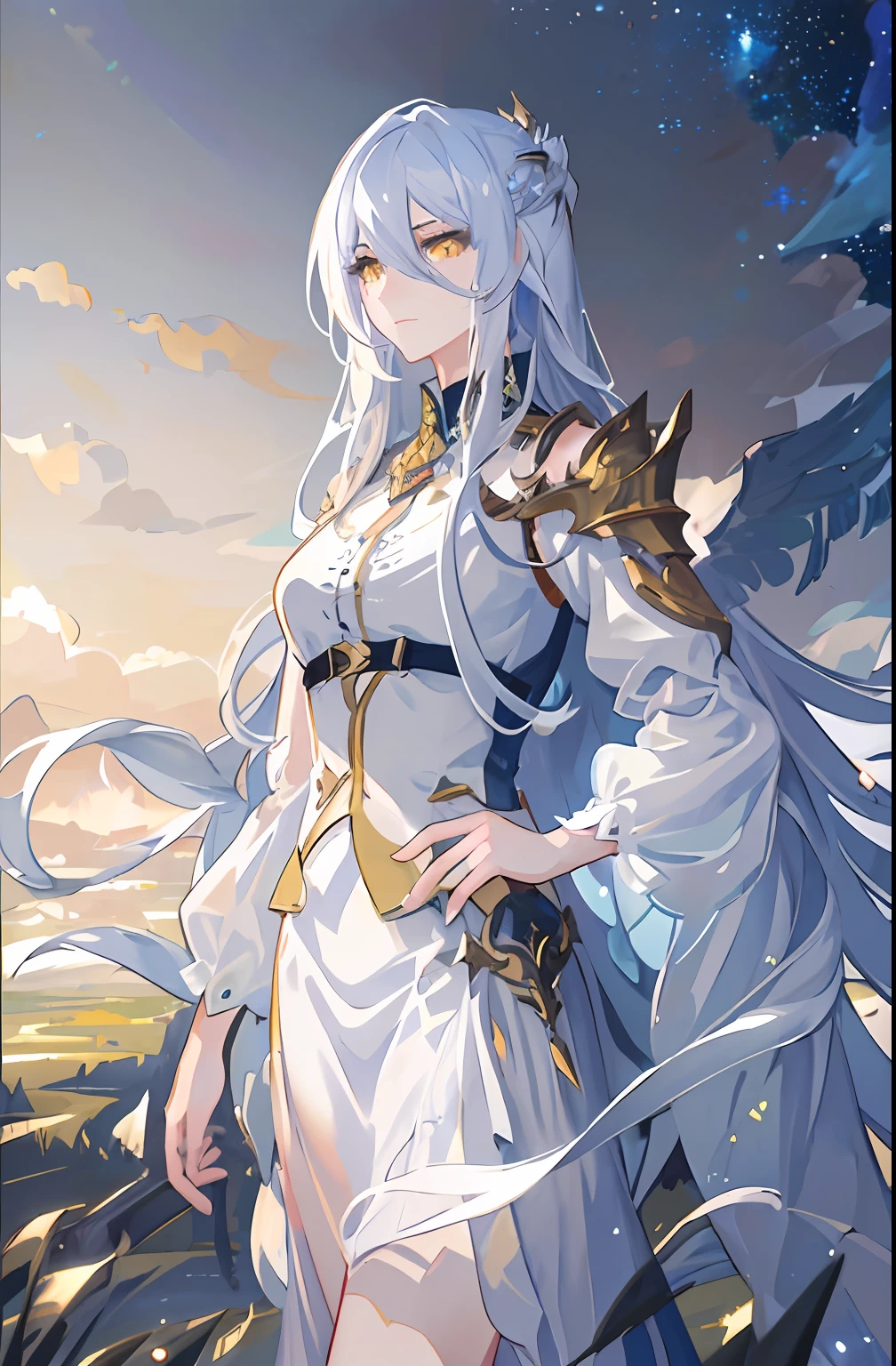 ((masterpiece)), ((best quality)), (amazing desinger), (best artist), (best illustrated landscape), (best performance), (4k Full HD), (HDR+), (1girl) with (long) white hair, (sparkling yellow eyes), in a landscape on the side with (amazing) starry sky drawn in artistic and cinematic tones-- MeinaPastel style--v5 (anime illustration)