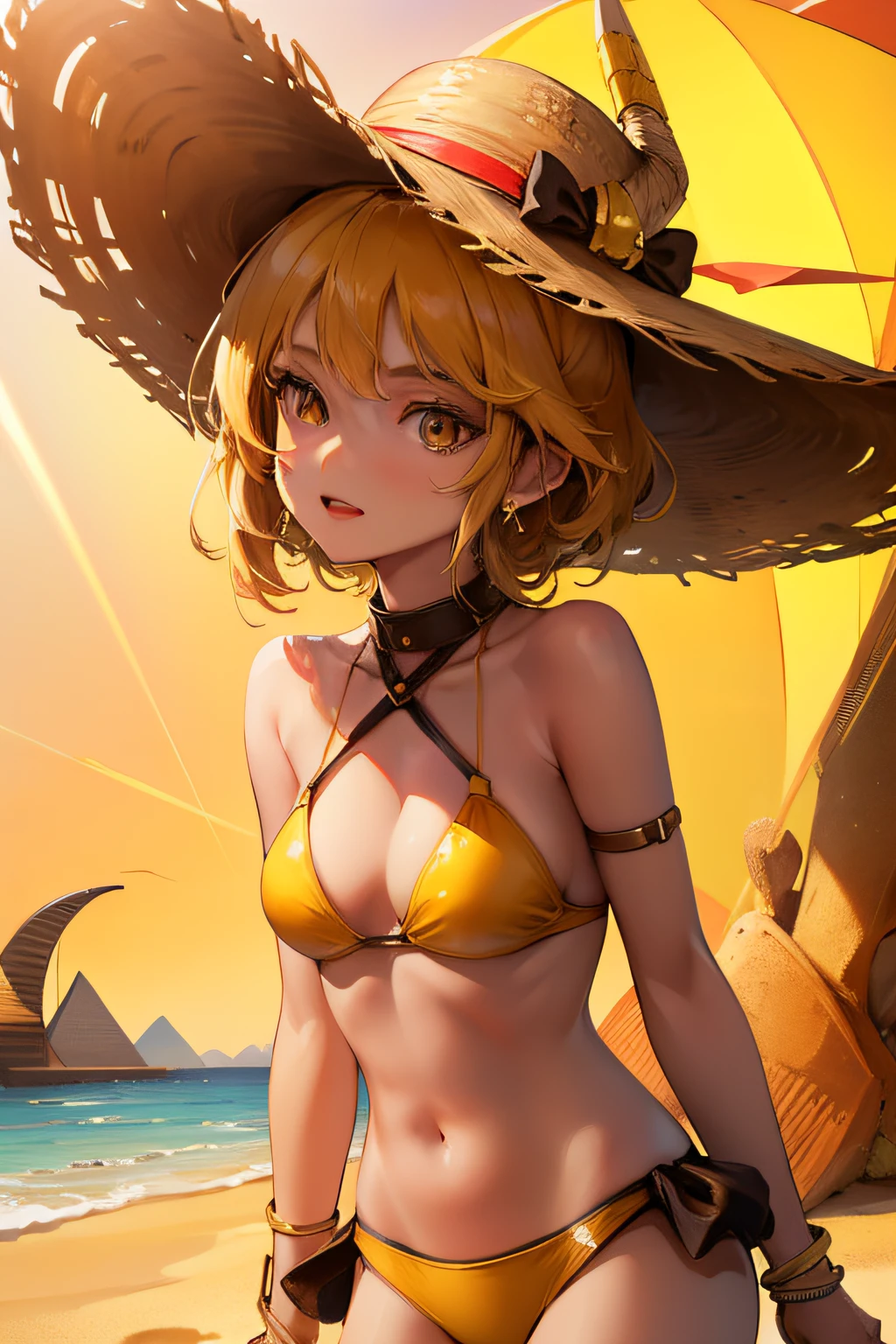 Young Woman, desert, pyramid, 8K UHD, radiance, yellow, brown, sun, scorpions, bikini, beach hat, photographic detailed, saturation, full sand, destroy boats, full color, portrait, alacran