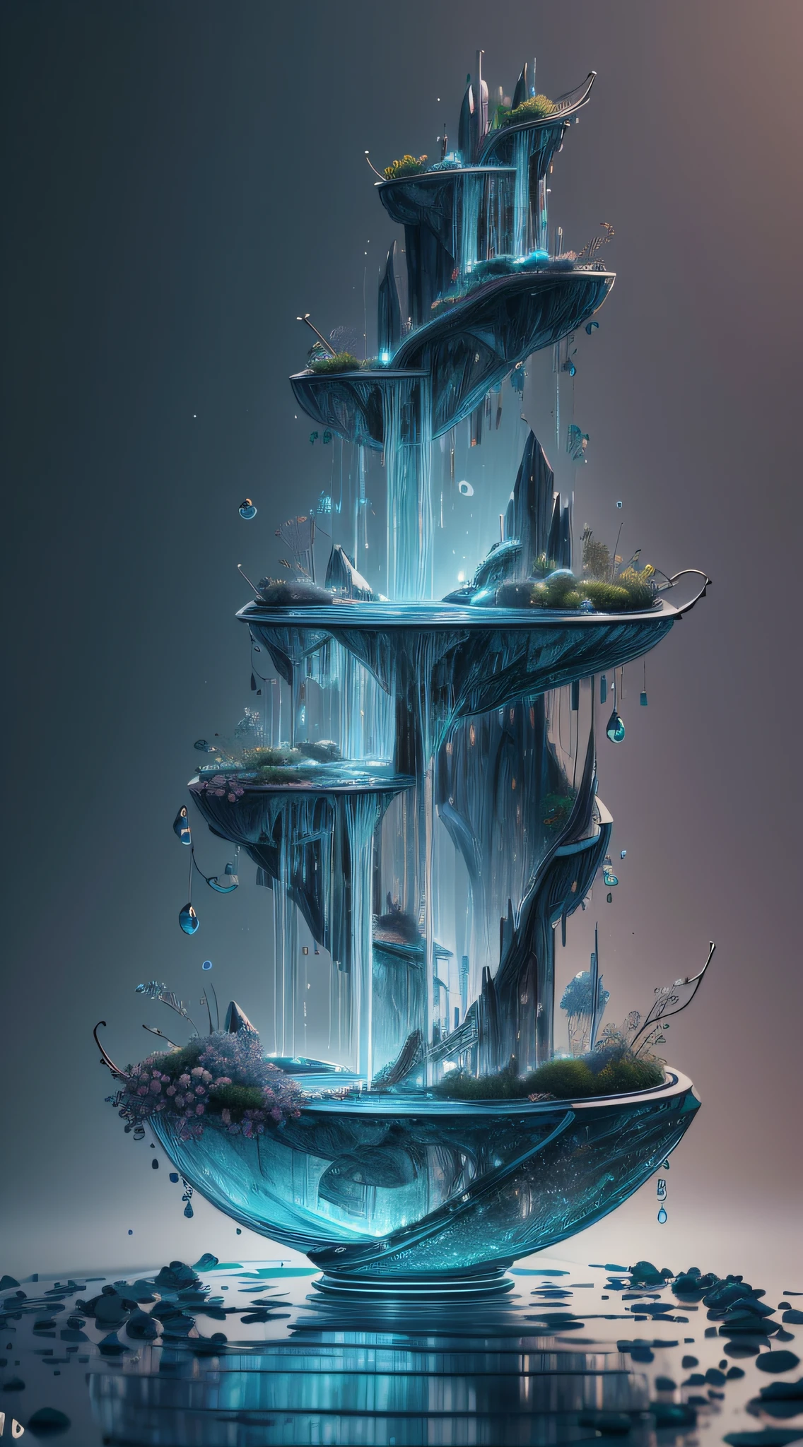 obra-prima da escultura de vidro com plantas dentro, "Montanha de Flor e Fruta + Fada + Arquitetura Chinesa", water, brilho, fantasia, alta qualidade, alto detalhe, melhor qualidade, rtx, 4k, 8k,