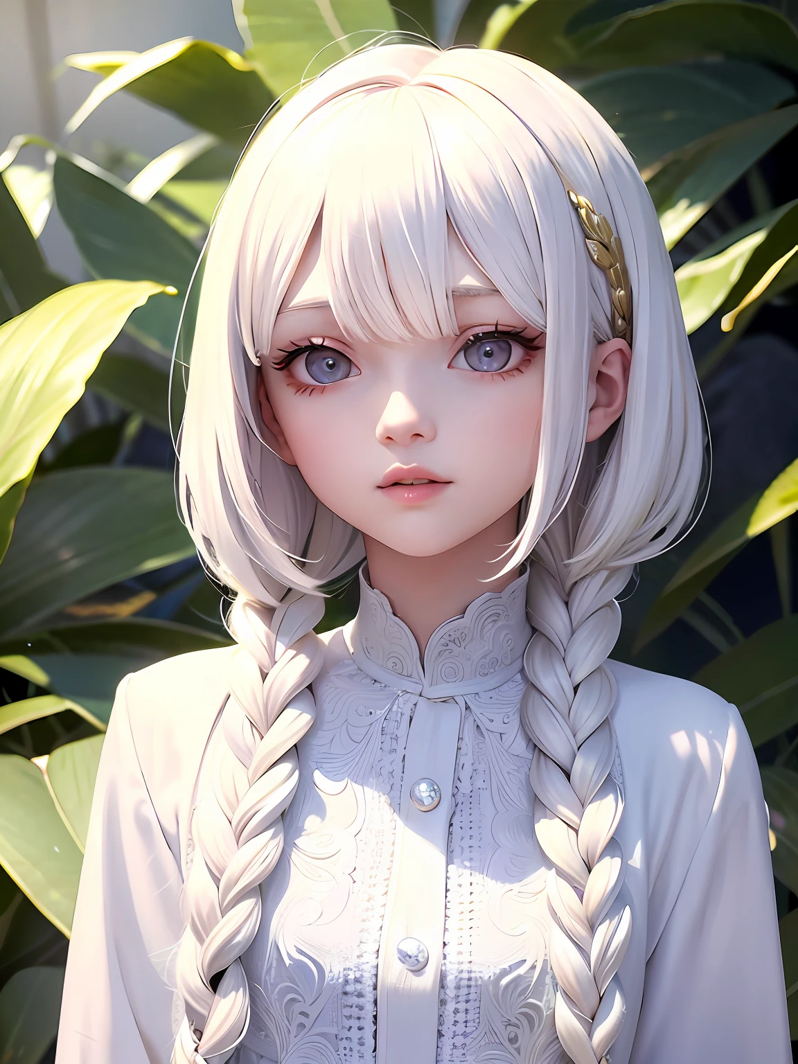 best quality, masterpiece,white hair, gold eyes,white clothes, looking up, upper body,hair strand,Fair skin,side braids