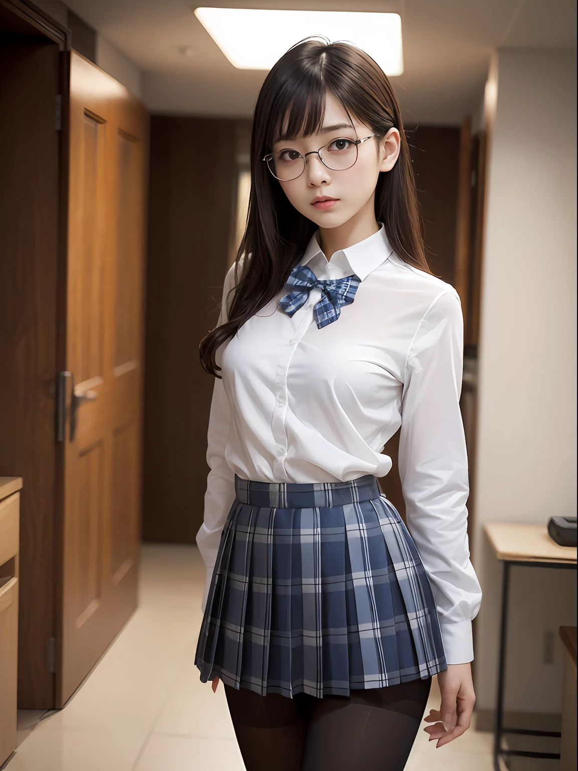 （8K、Raw photography、top-quality、​masterpiece：1.2),Bullish,Muchimuchi,Erotic,Pupils,Light Blue Bra,de pele branca,kne,(Black pantyhose),absurderes,a small face,,flat breast,Parting the bangs from the middle、Forehead visible,(a cold expression,Tight eyes,glares,Bullish,skinny,Rasping,irate)、​masterpiece,top-quality、超A high resolution,Raw photo,ren,Beautiful fece,One Person, solo,eye glass,,Dark look,Small breasts,fullllbody,Round glasses、cute little、JK ,hi-school girl,A Japanese Lady,is standing,（Photorealsitic：1.37）、Photon mapping,Realistic、Cute little face,Brown-eyed、Black socks、(Red bow tie)、Radio City、Physically Based Rendering、Foreground、depth of fields、Blurry background、a picture,The girls、Body,beauty legs, Long legs, Thin leg,(shorttwintail),(Bangs are visible), hair, s lips, Blue_The eye, nosesoft,(Light blue shirt), (Navy and blue and white plaid pleated skirt), Knees are visible,Sheer clothing,, Thigh, Black cotton socks,Nogizaka Idol, , Japanese ido
