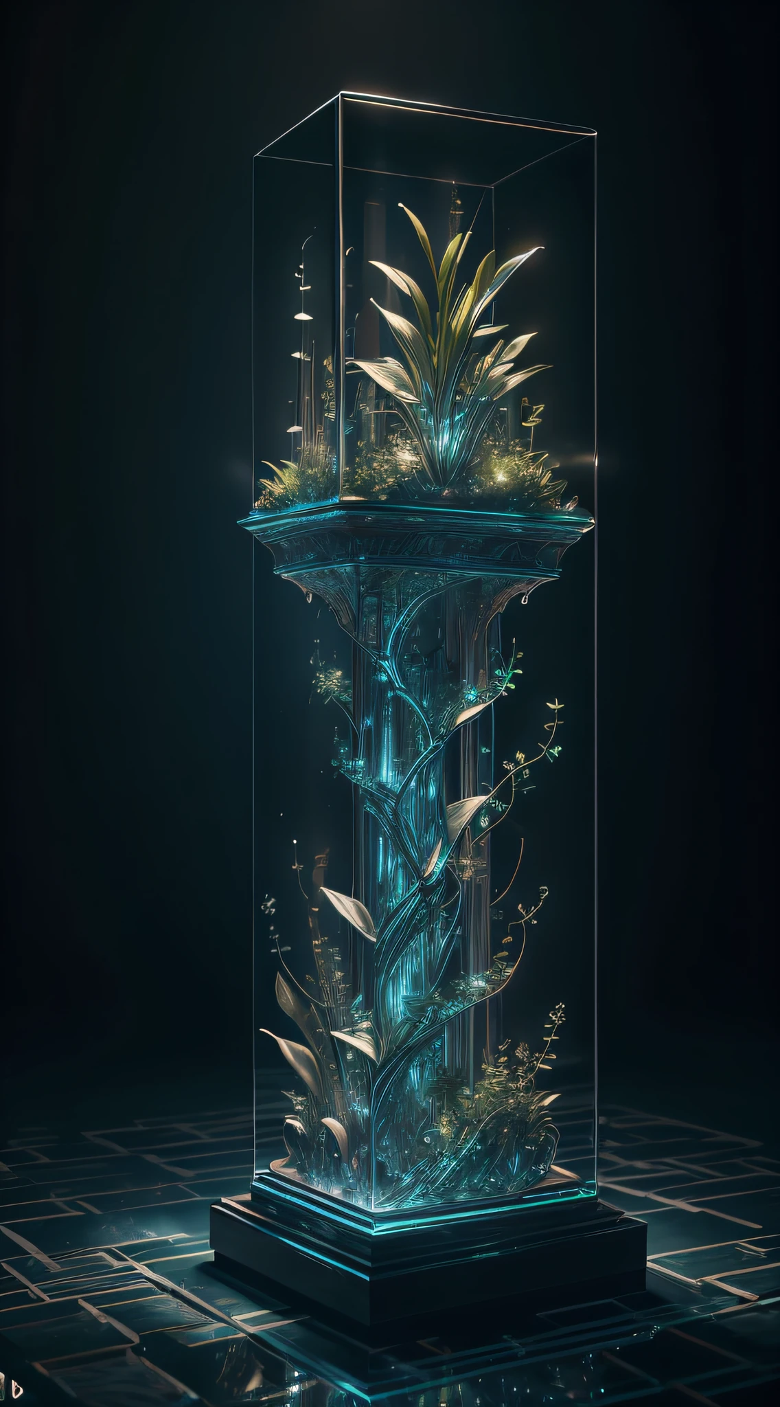masterpiece of glass sculpture with plants inside, water, glowing, fantasy, high quality, high detail, best quality, rtx, 4k, 8k,