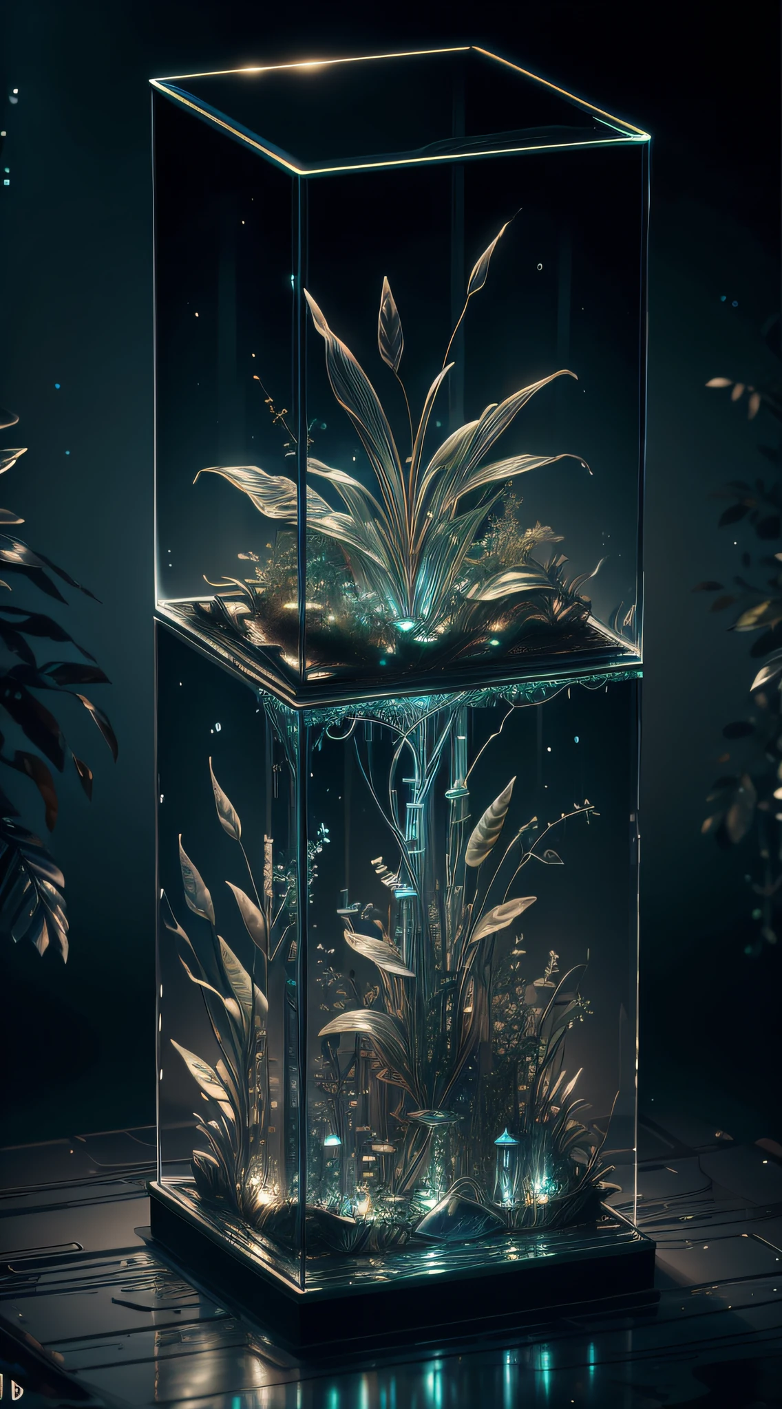 masterpiece of glass sculpture with plants inside, water, glowing, fantasy, high quality, high detail, best quality, rtx, 4k, 8k,