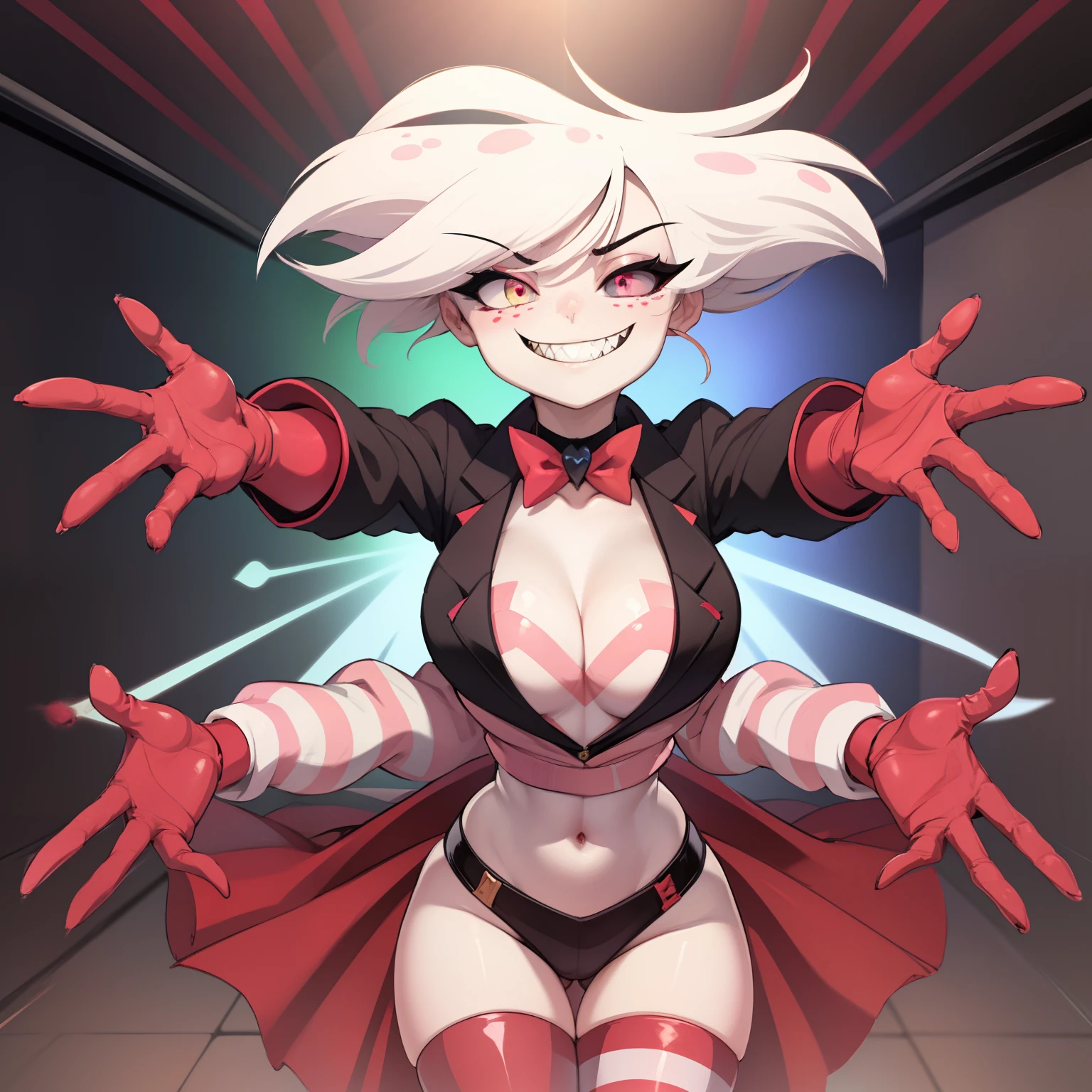 Angel Dust, 1boy, white hair, choker, bowtie, striped suit, white suit, red gloves, black shorts, thigh boots, black thighhighs, four arms, sharp teeth, pink freckles, chest tuft, pink eyes, (black sclera on right eye, heterochromia), perfect anatomy