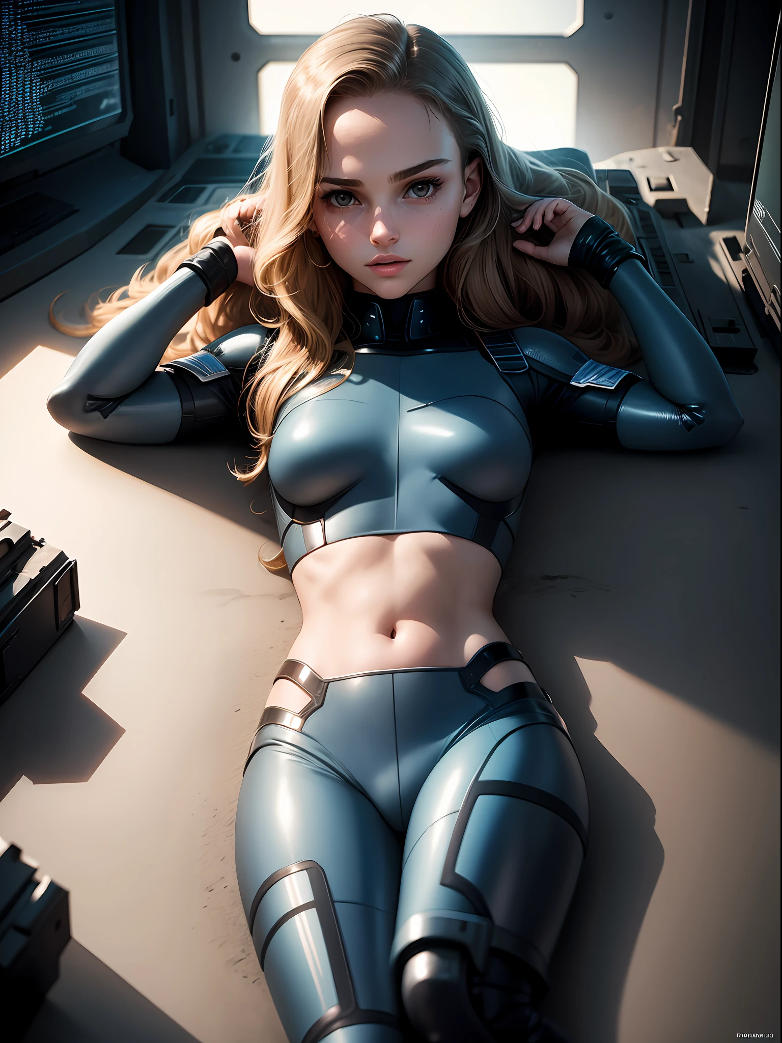 Natalie Portman as a future soldier girl. Freckles. intricate skintight robotic suit, crop top. lying down resting. Background holographic screens.