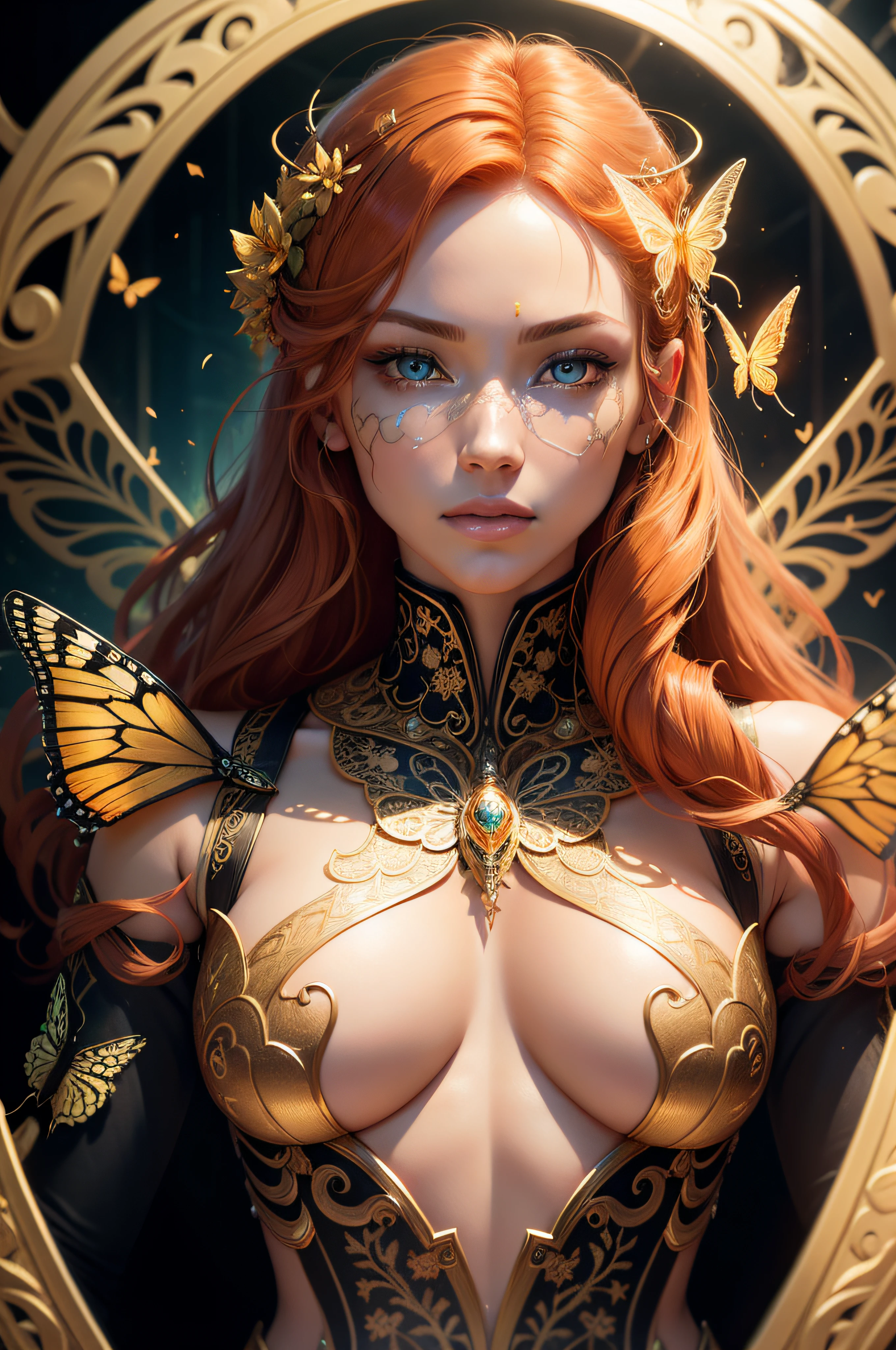 64k portrait of beautiful cyborg with GINGER hair, intricate, elegant, highly detailed, majestic, digital photography, surreal painting gold butterfly filigree, broken glass, (masterpiece, side lighting, finely detailed beautiful eyes: 1.2), HDR, (detailed background window to a new dimension, plants and flowers:0.7) infinity, infinite symbol,