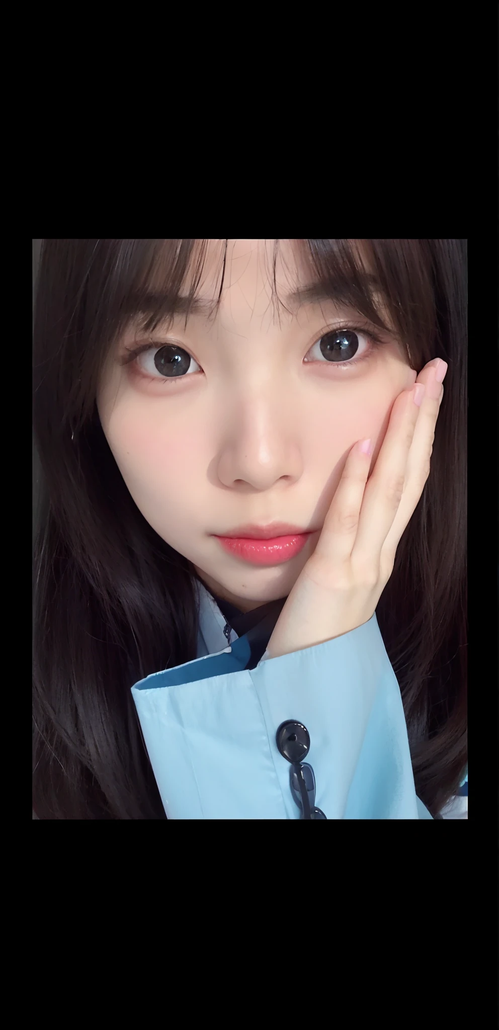 a close up of a woman with a blue shirt and a red lipstick, wan adorable korean face, ulzzangs, young cute wan asian face, jaeyeon nam, young lovely Korean faces, Shin Jinying, with cute - fine - face, lalisa manobal, with round face, with cute doting eyes, 🤤 girl portrait, She has a cute face