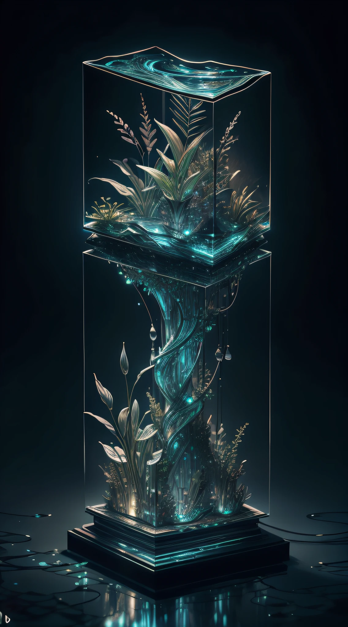 masterpiece of glass sculpture with plants inside, water, glowing, fantasy, high quality, high detail, best quality, rtx, 4k, 8k,