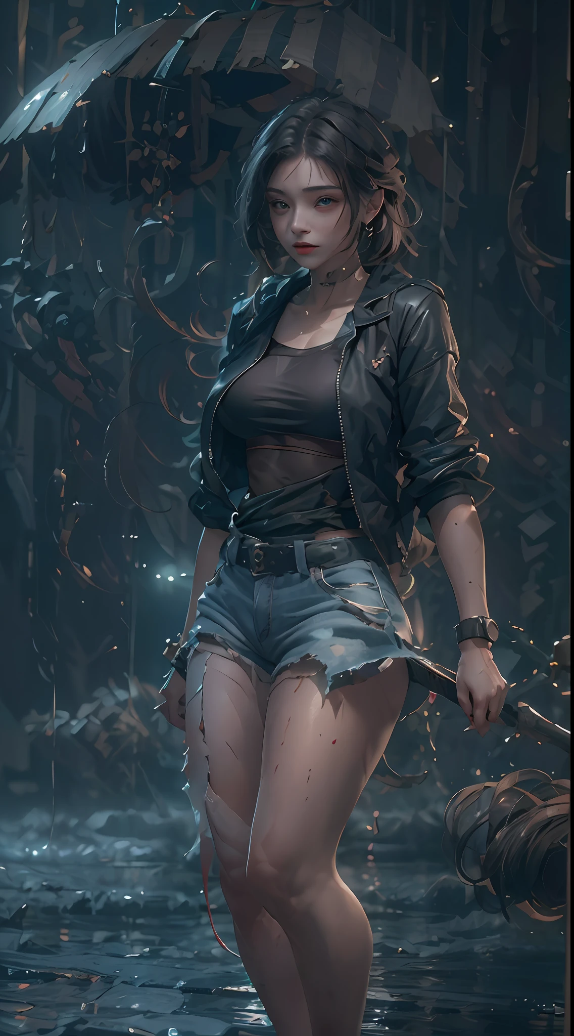 Mulher bonita com cabelo ondulado curto, olhos delicados e encantadores, entalhe da coxa, pernas longas sexy, camiseta em shorts pequenos, cyberpunk futurista bonito + cidade, mistborn, humid, chuva, obra-prima de melhor qualidade, realista, detalhado, 8k, HDR, profundidade de campo rasa, luz ampla, alto contraste, luz de fundo, flooding, flash, chromatic aberration, foco nítido, foto de cor RAW