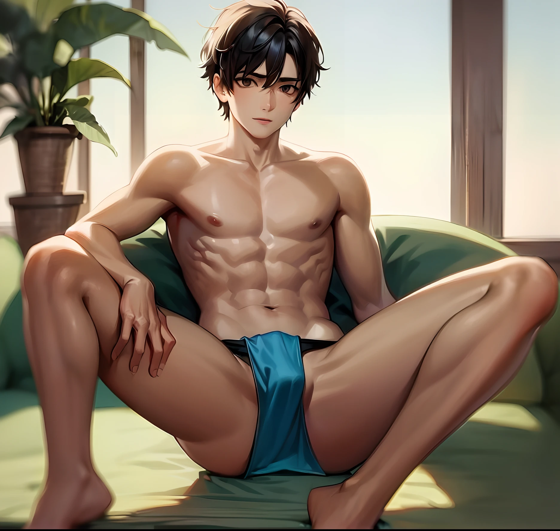 There was a man sitting on the couch，Wearing blue underwear, Handsome anime pose, handsome guy in demon killer art, Anime handsome man, male anime character, Smooth anime CG art, Range Murata and Artgerm, kentaro miura art, Extremely detailed Artgerm, young anime man, Tall anime guy with blue eyes, highly detailed exquisite fanart