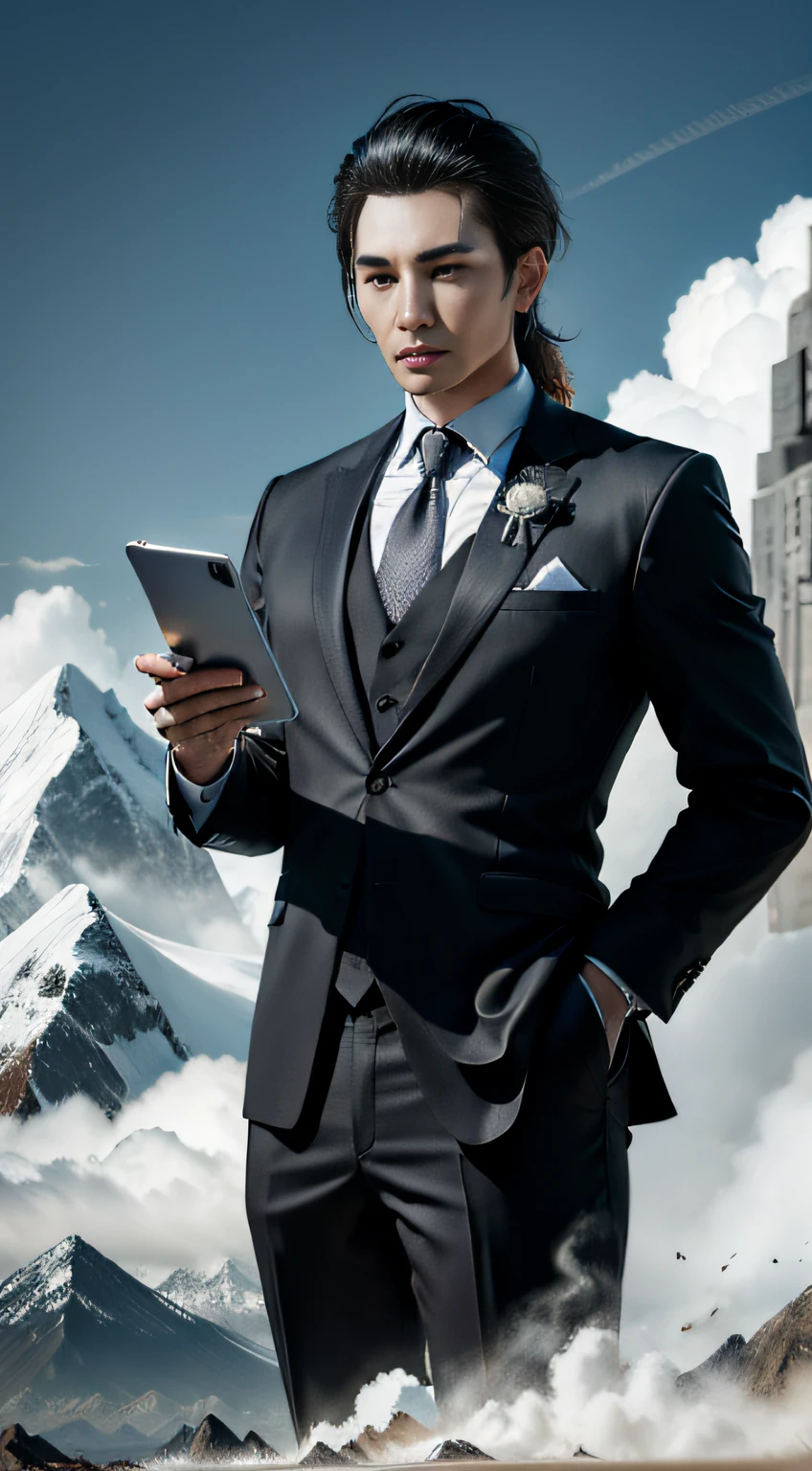 QR code for a photo of a man with a suit and tie, mountain peaks,Sea of Clouds,National style,The Chinese characters,k hd