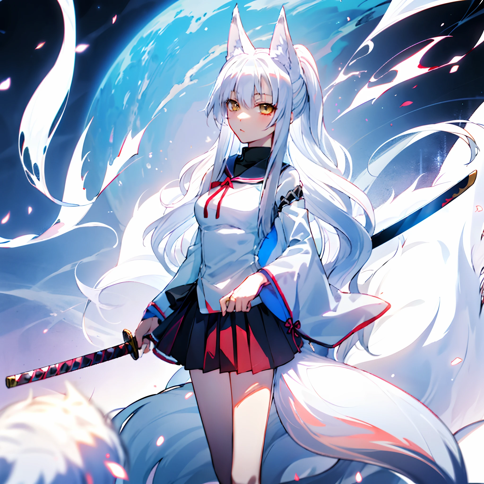 anime girl with long white hair holding a sword and wearing a skirt, fox nobushi, white - haired fox, white fox anime, nyaruko-san, white haired deity, holo is a wolf girl, anime character, female anime character, mizutsune, vampire white fox,