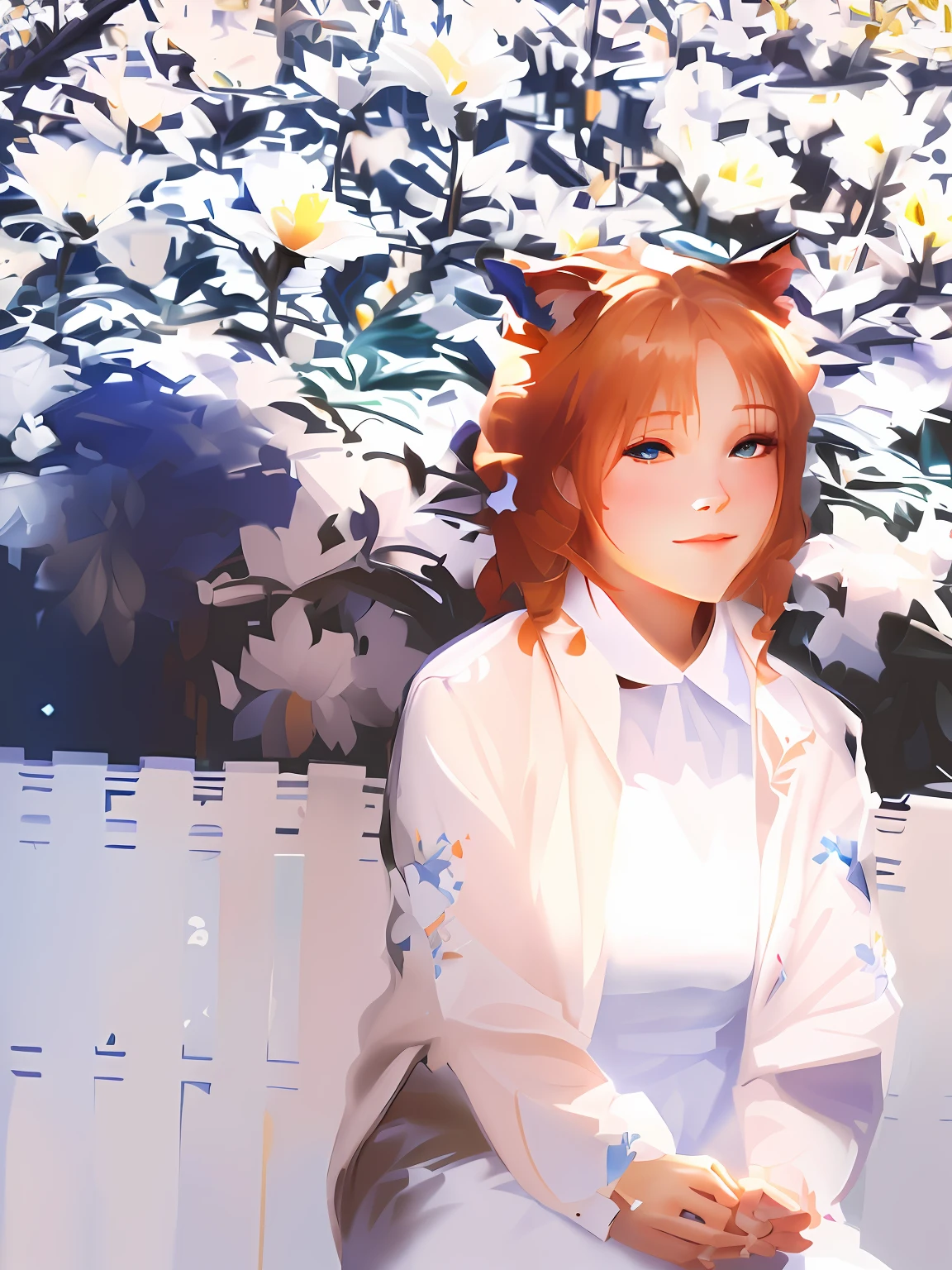 HD fix，Crisp white long dress，beauitful face，The face，Plump，Flowers in hand，image magnification，Facial features beauty，Cat ear