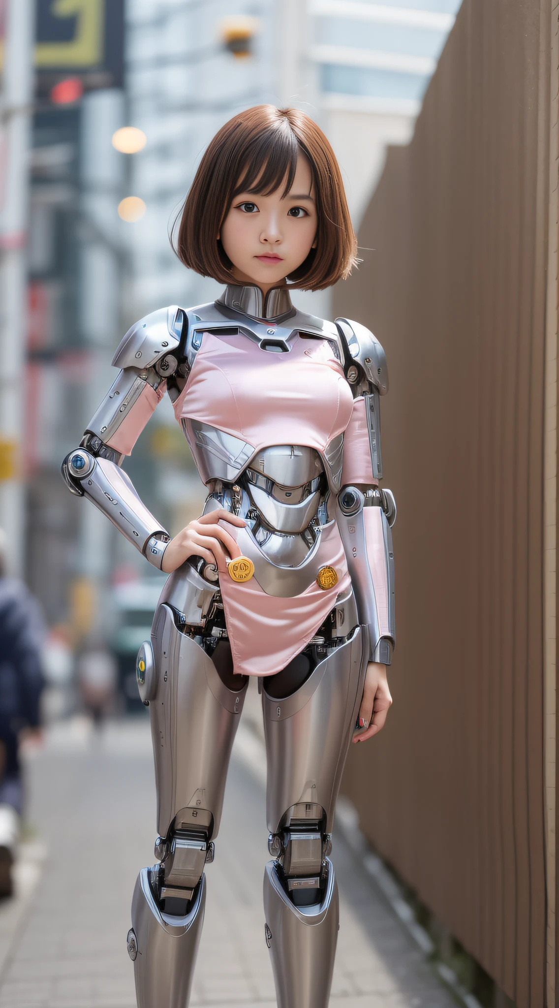 (Photorealistic: 1.4), 1 girl, (best quality), (ultra-detailed face), (ultra-well-formed face), (((robot parts)), (cyborg girl), (pink), (silver), (metallic), (full-body), (Moe-pose), (thin), (), (model body type), (mechanical exposure), (Akihabara), (looking at camera), (black hair), (9 heads), (small face), (well-groomed fingers) , (Idol), (frontal), (standing), (photo session), (sad), (costume)