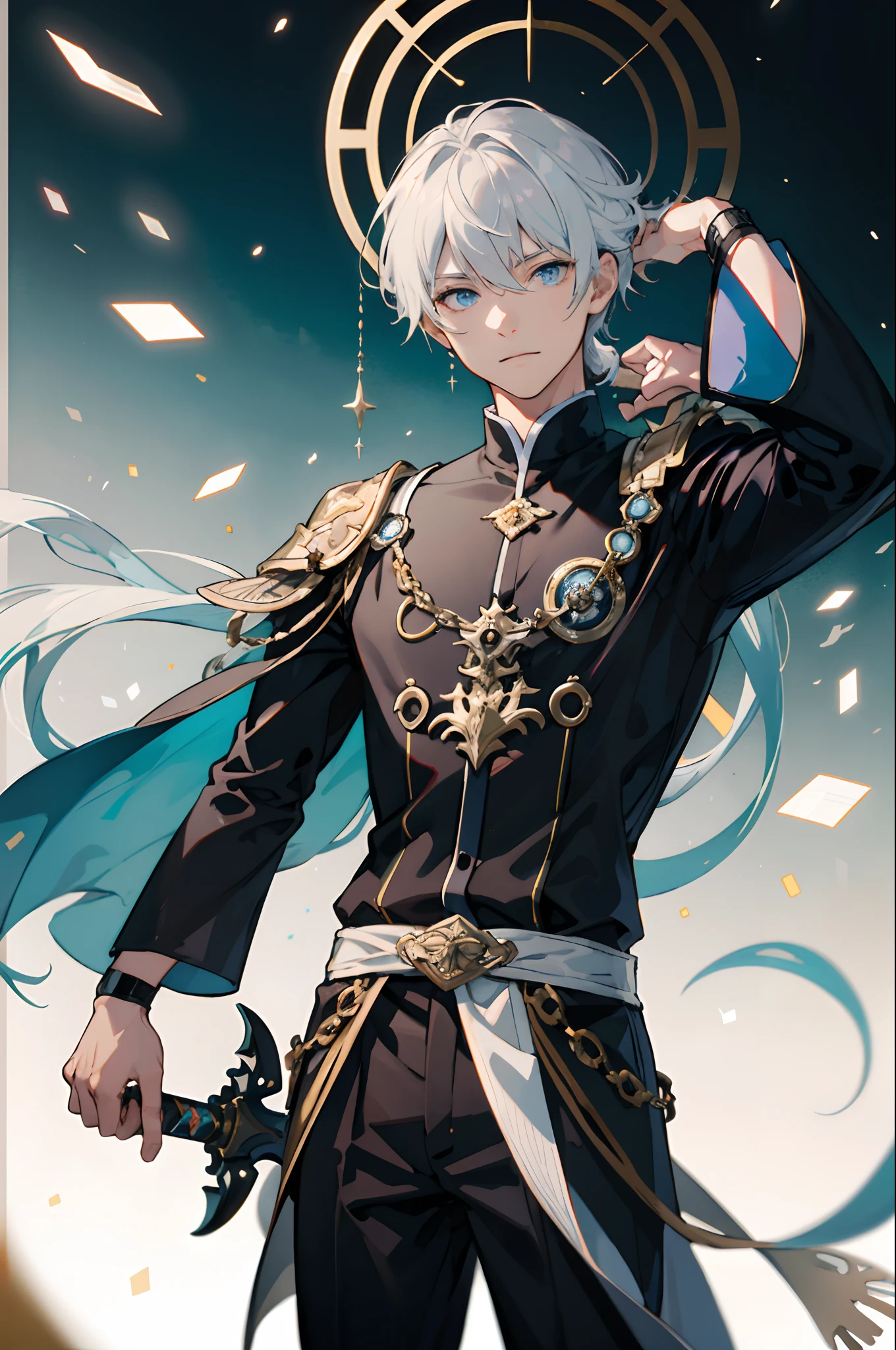 kk, best qualtiy, higher details, tmasterpiece, 1 boy, sportrait, malefocus, blue color eyes, 独奏, straight bangs, looki at viewer, Noble clothes, Long straight hair, ((Fantasy City, palaces))), bright spots, (Holding a silver sword), (((whaite hair, white colors, Straight over the shoulders, straightened))), posh, 8k, A detailed, Ray traching, depth of fields, cinmatic lighting,