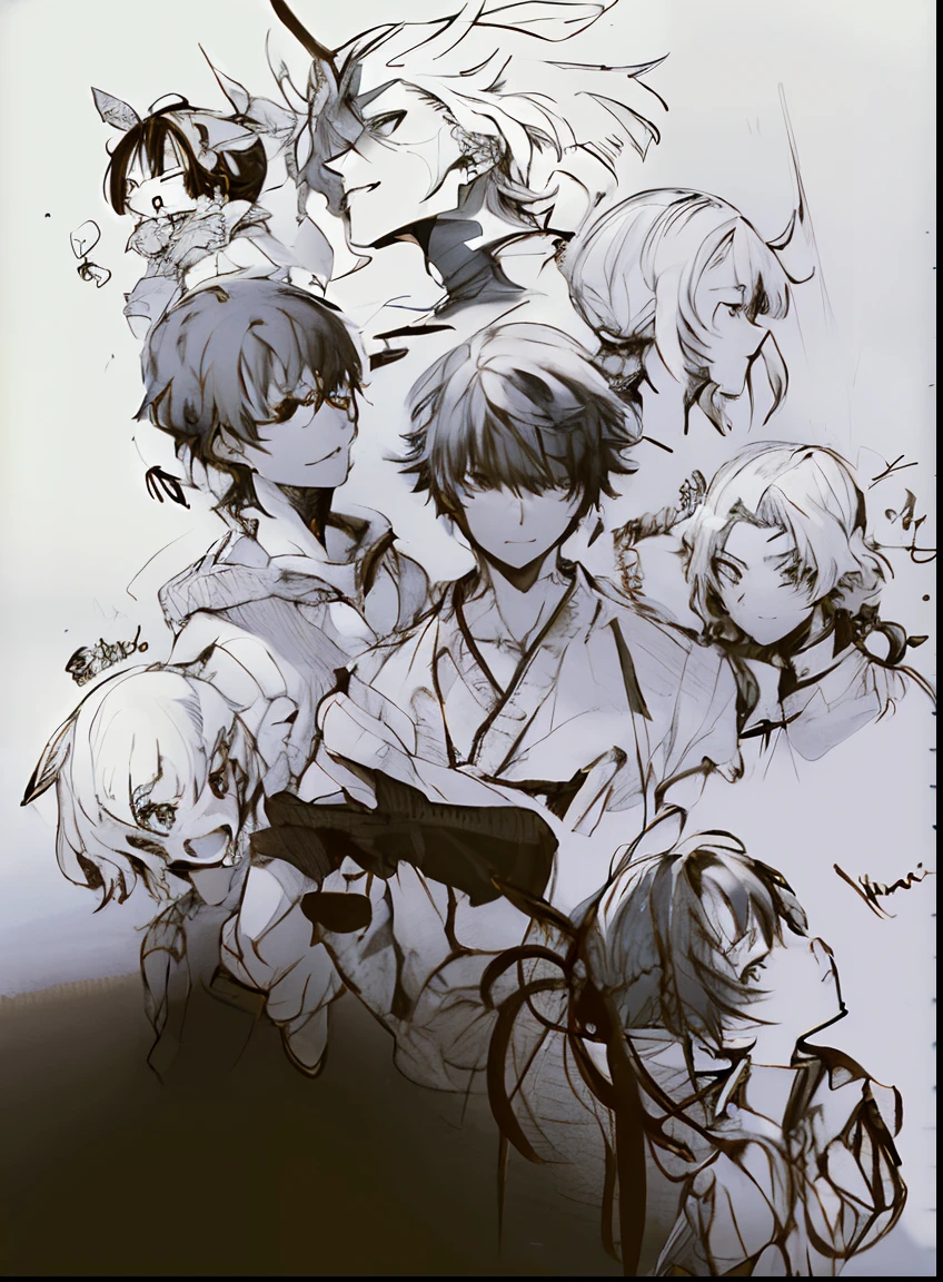 sketches of a lot of anime characters with a pencil drawing, por Kamagurka, line sketch!!, Eram oito pessoas do anime, muito estilo anime, anime sketch, apenas estilo anime, por Kanbun Master, Estilos de mistura de Tsutomu Nihei, Doodles, No estilo de arte de Yoji Shinkawa, Japanese anime style, estilo de desenho tradicional