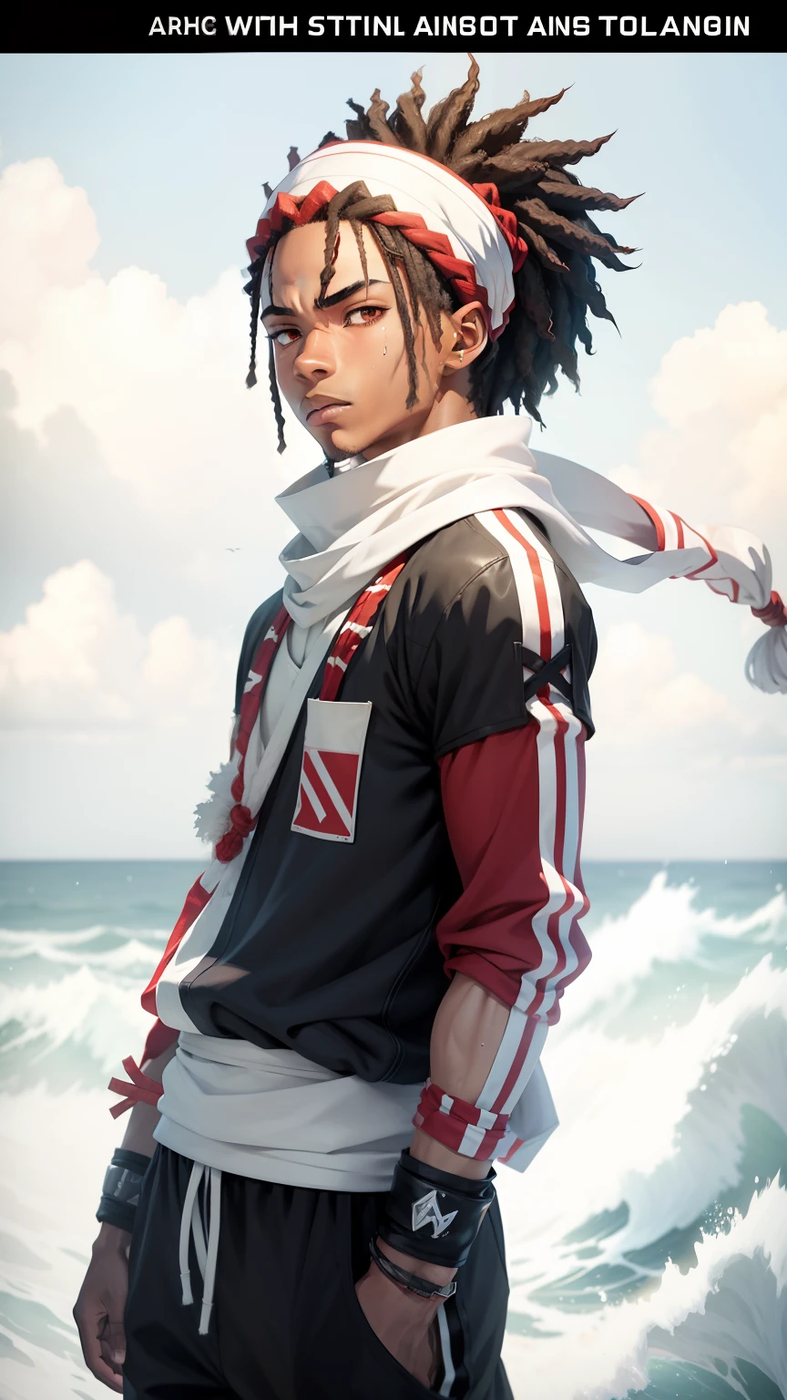 A mixed race light skinned African American male with anime spiked back hair, Red sleeves and hands in pockets, red sweat band with a black line and a white line on the sweat band, with a long white shinobi scarf flowing in the wind standing in a dream like world standing on water on an endless sea horizon with endless clouds floating above, photo realistic