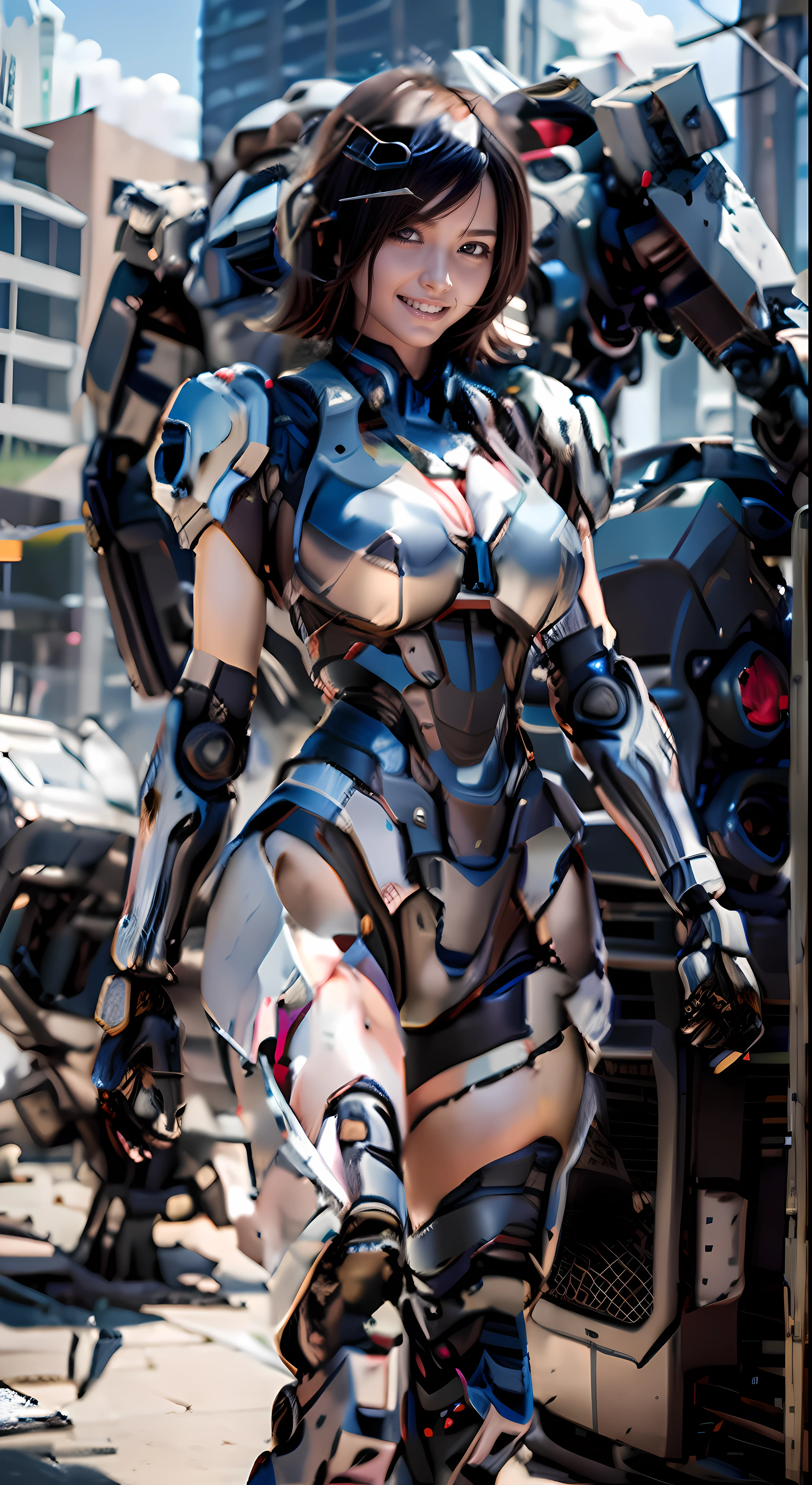 (Muscular:1.8), (thick thighs:1), (large round breasts:1), (large muscular chest and shoulders:1.4), FEMALE, brown hair, long brown hair, (big smile:0), (tight white mecha arm, tall cute cyborg:1.5), looking at viewer, (three quarter view:1.3), upper body view, (outside:1.5), dark lighting, detailed skin, detailed eyes, (dark skin:1.), (very thin waist:1.6), (huge round muscles:1.5), (bright blue eyes:1.6), (walking:1.5),