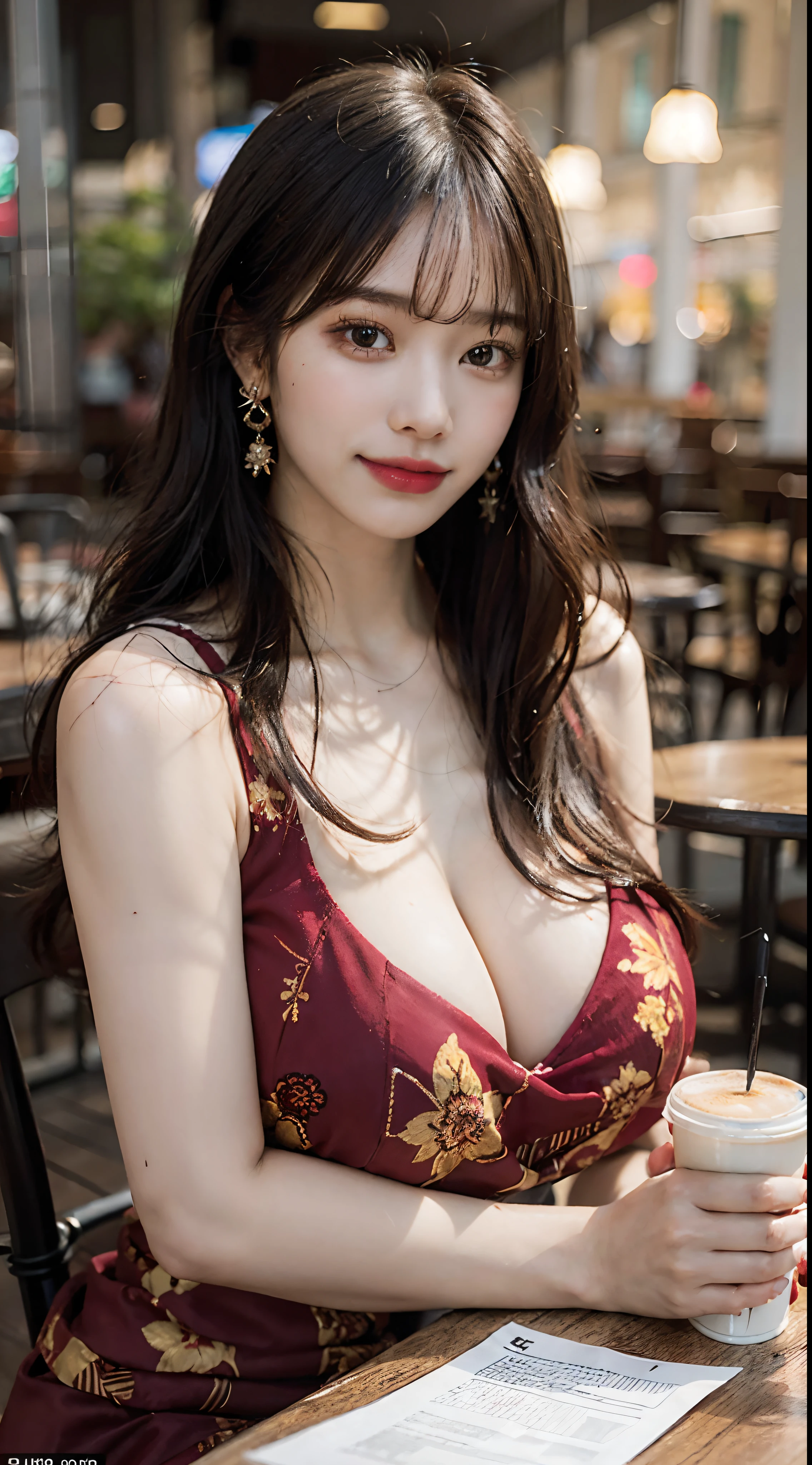 ((Best Quality, 8K, Masterpiece:1.3)), 40k, photography, Perfect Body Beauty:1.4, Cinematic lighting, Black long hair, straight Bangs, (red batik:1.1) , (in front of cafe:1.2), Highly detailed face and skin texture, Detailed Eyes, Double eyelids, skin brightening, perfect faces, (Huge breasts:1.5), (nighttime), Smile, Earrings, necklaces, mature women, coffee on table, (a women sitting in front of cafe),