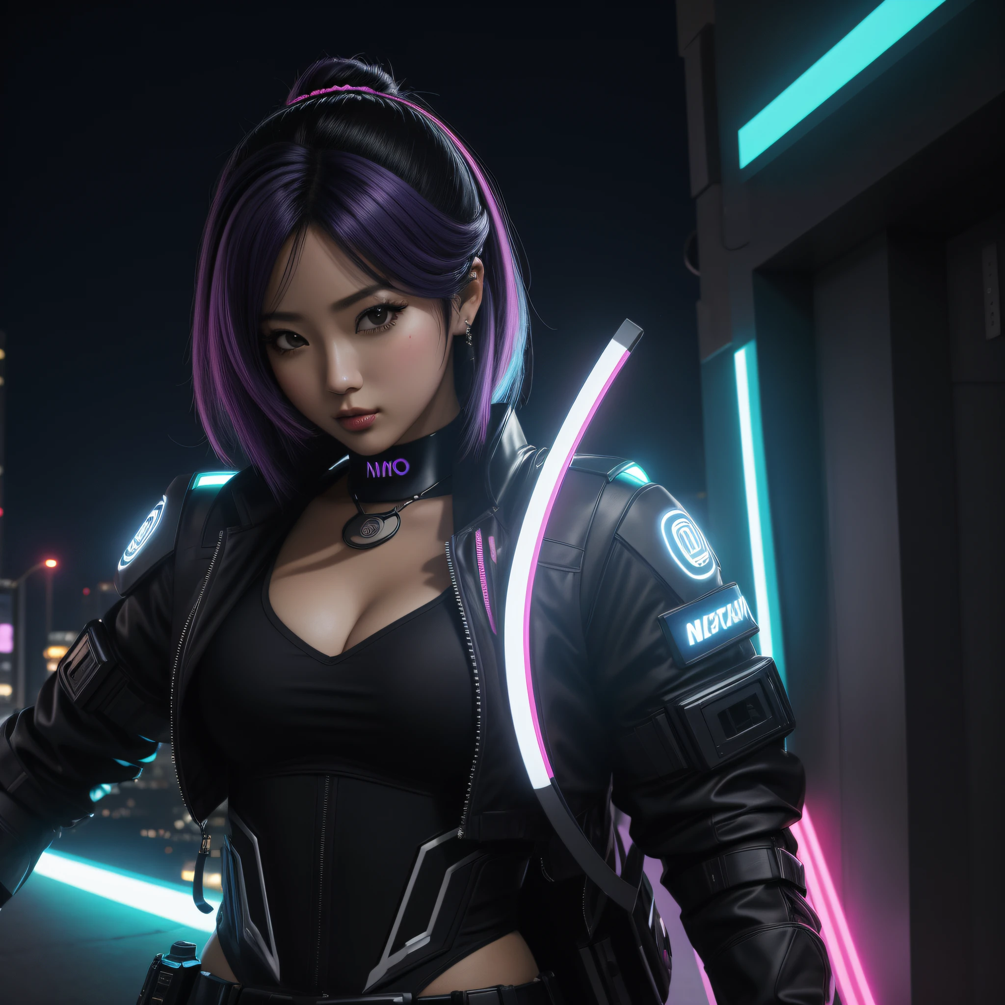 arte perfeita de Nozomi Sasaki, cabelo preto curto, quimono branco aberto, tatuagens no corpo inteiro, serious face, in action cinema pose looking into the camera. Arte vetorial 3D. Trend composition. vibrant side lighting, centrado em um vibrante, technicolor cyberpunk paisagem detalhada da cidade. Night Neon Lighting. master part, melhor qualidade, layered lighting
