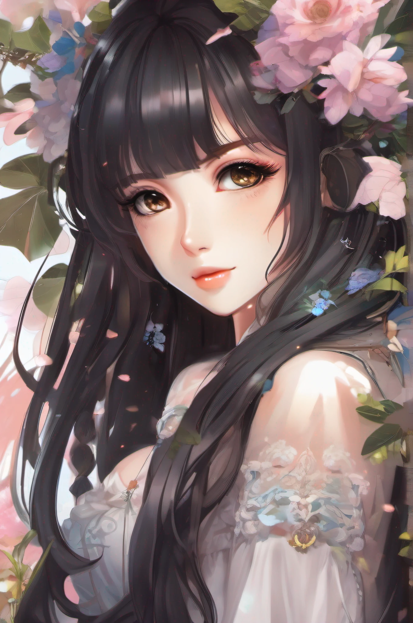 anime girl with long black hair and flowers in her hair, an anime drawing by Yang J, pixiv contest winner, Fantasy art, Detailed digital anime art, style of anime4 K, detailed portrait of an anime girl, Beautiful anime artwork, Anime art wallpaper 4k, Anime art wallpaper 4 K, a beautiful anime portrait, Digital anime illustration, Anime style illustration