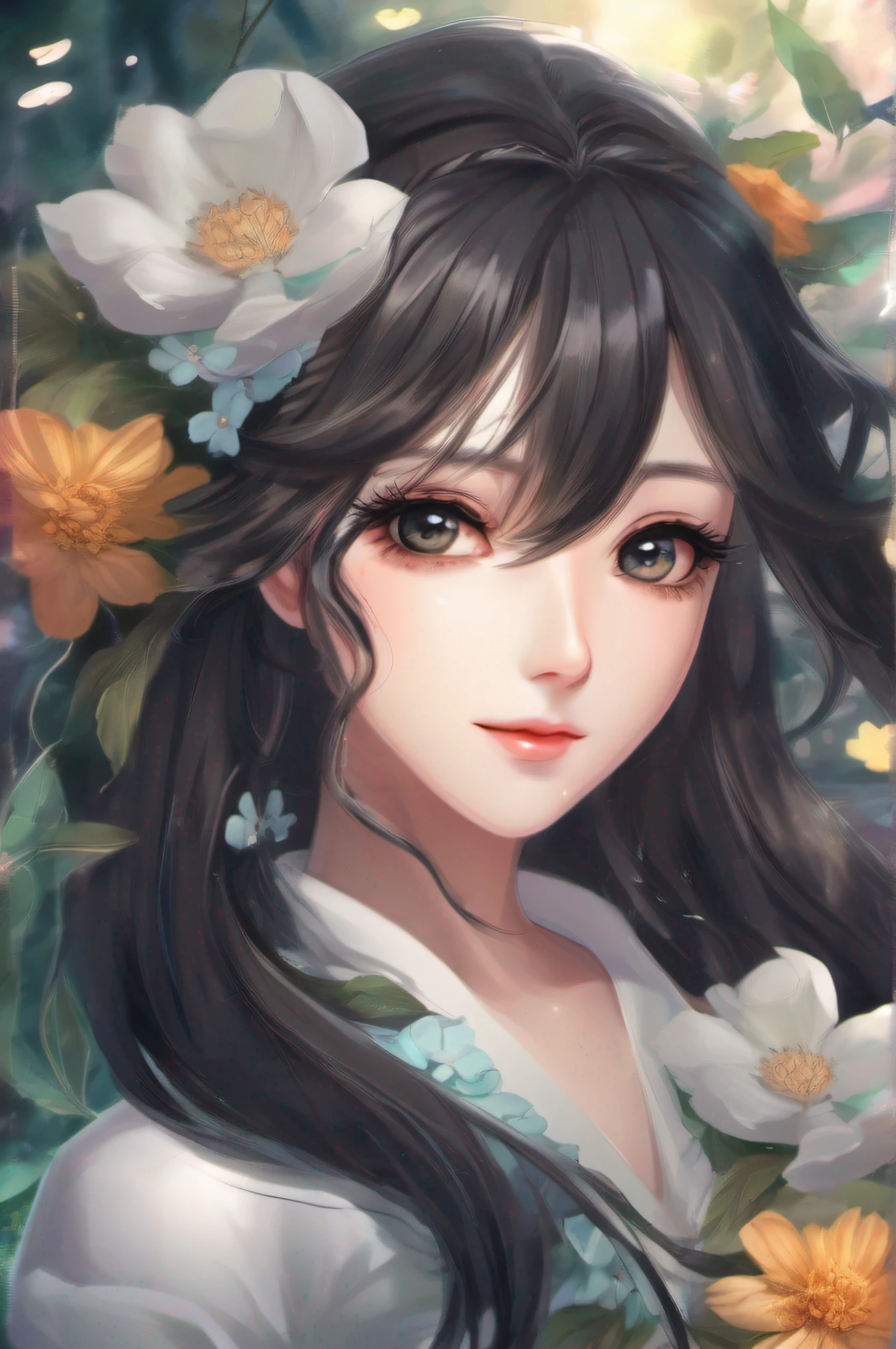 anime girl with long black hair and flowers in her hair, an anime drawing by Yang J, pixiv contest winner, Fantasy art, Detailed digital anime art, style of anime4 K, detailed portrait of an anime girl, Beautiful anime artwork, Anime art wallpaper 4k, Anime art wallpaper 4 K, a beautiful anime portrait, Digital anime illustration, Anime style illustration