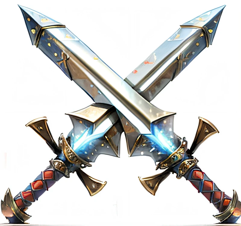 Two swords,It has a red and blue pattern on it, dual swords, dual wielding swords, Two swords, daggers, Swords, sword design, metal swords, big sword, war blade weapon, fantasy rpg weapon art, blades, armored sword blade, fantasy sword of warrior, Wielding two swords, Wielding two daggers, dual wielding two magical swords,China-style,The Legend of Sword and Fairy,Immortal Sword,syuro,Xianxia,