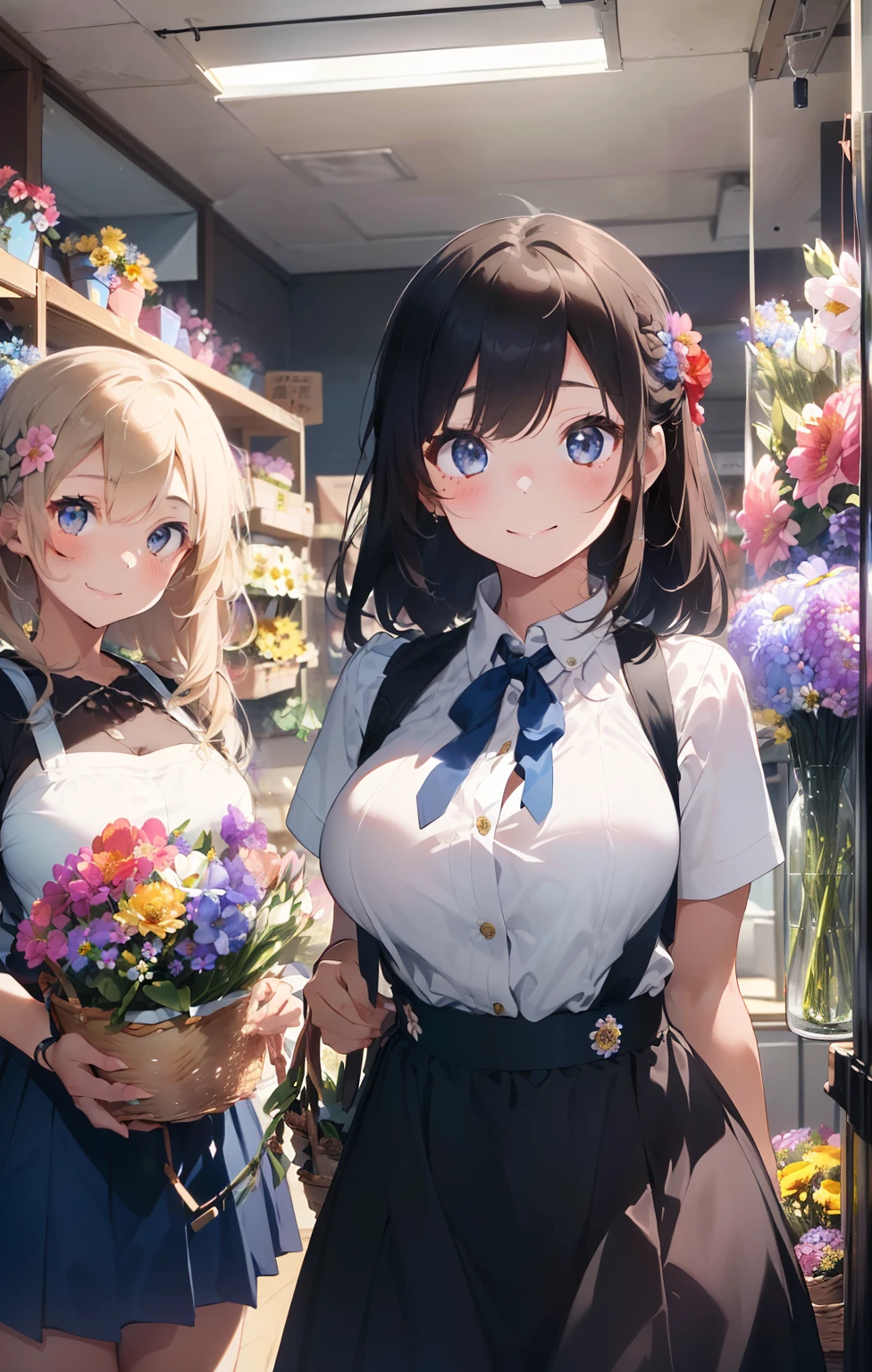 (frombelow:1.4)、((2 girls in:1.4)),Light Brown Fringe Hair、Braided hair、disheveled hair、Light brown eyes、(A smile)、(爆乳:1.4)、Emphasize the valley、fittingroom、(Photorealsitic)、(intricate detailes:1.2)、(masterpiece、:1.3)、(top-quality:1.4)、(超A high resolution:1.2)、超A high resolution、(A detailed eye)、(detailed facial features)、 (Dark blue suspender skirt:1.4),(Dark blue apron:1.2), (double-breasted,Underbust:1.2), (Dark blue high-waisted skirt:1.3), (Apron over dark blue skirt:1.3), (White shirt:1.2), buttonGap,Short sleeves, nametag,(Red blusher:1.2)、(Flower Shop:1.4)、(The background is full of flowers:1.4)、(Bouquet in hand:1.4)、(A lot of flowers in a vase:1.4)、(A basket full of flowers hanging from the ceiling:1.4)