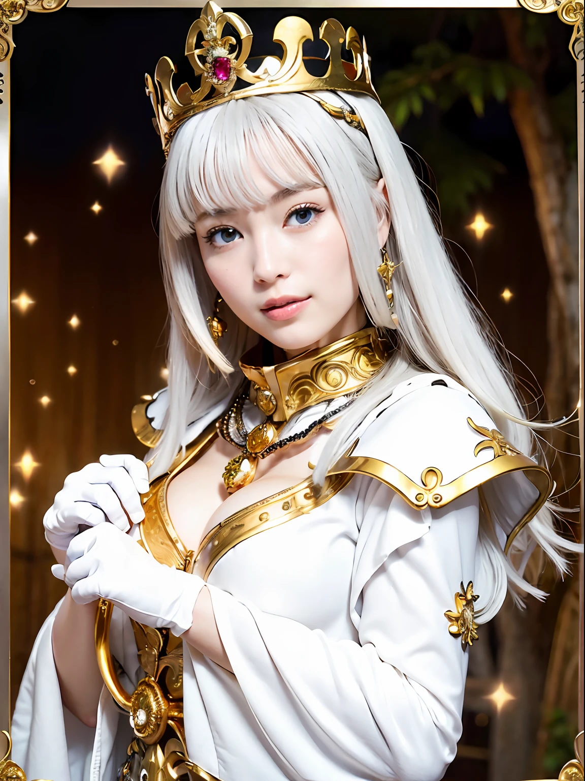 (masutepiece), Professional , masterpiece、top-quality、photos realistic , depth of fields (Gemstone Silver Metal Body:1.9),(Matte White、Jewel Gold Weapon(Jewel Metal Body:1.4),Gorgeous metal weapons , Detailed Sword of the Brave , Beautiful knife ,warhammer 40k , adepta sororitas,(Army of monsters background),Detail and ornate jewel crown、Golden hair、Gangle's forest background、Beautiful Caucasian beauty、1a person、dynamic ungle,(((Detailed and ornate diamond crown)))、Smaller head、A smile、Take a sexy pose、Background inside the castle、Thin and beautiful female hands、Old ancient ruins、A smile、cleavage of the breast、