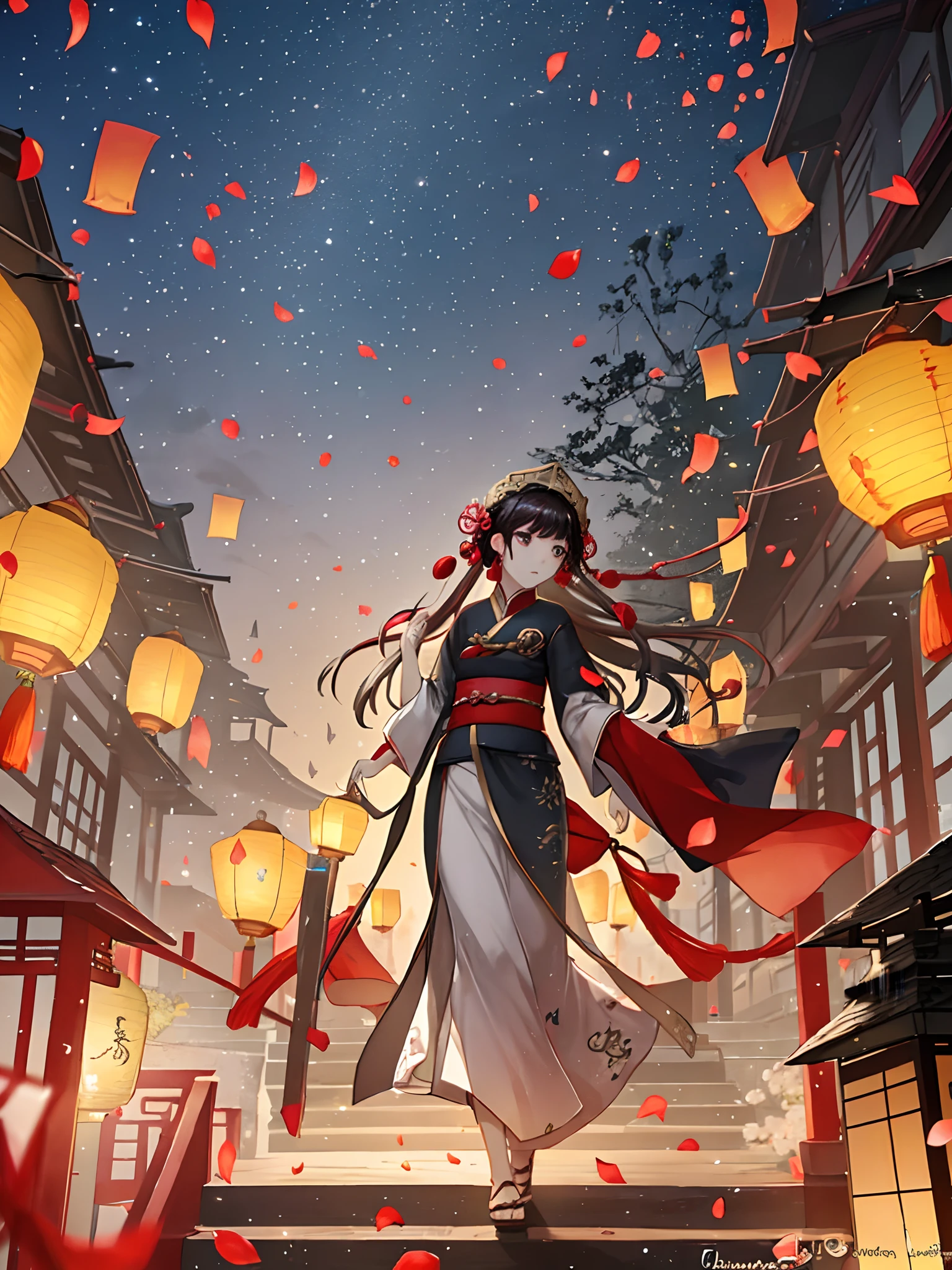 absurderes, Tangle, Concept art, Wide Shot, Countless lanterns floating in the night sky, Man Looking Up At The Sky々, Starry sky, Sky Lantern, Chinese style lantern, floating flower petals, plein air, Silhouette of a girl holding a lantern, Silhouette of a woman looking up at the sky, Asian fantasy style clothing, Headdress in Asian fantasy style, (light Particle:1.4)
