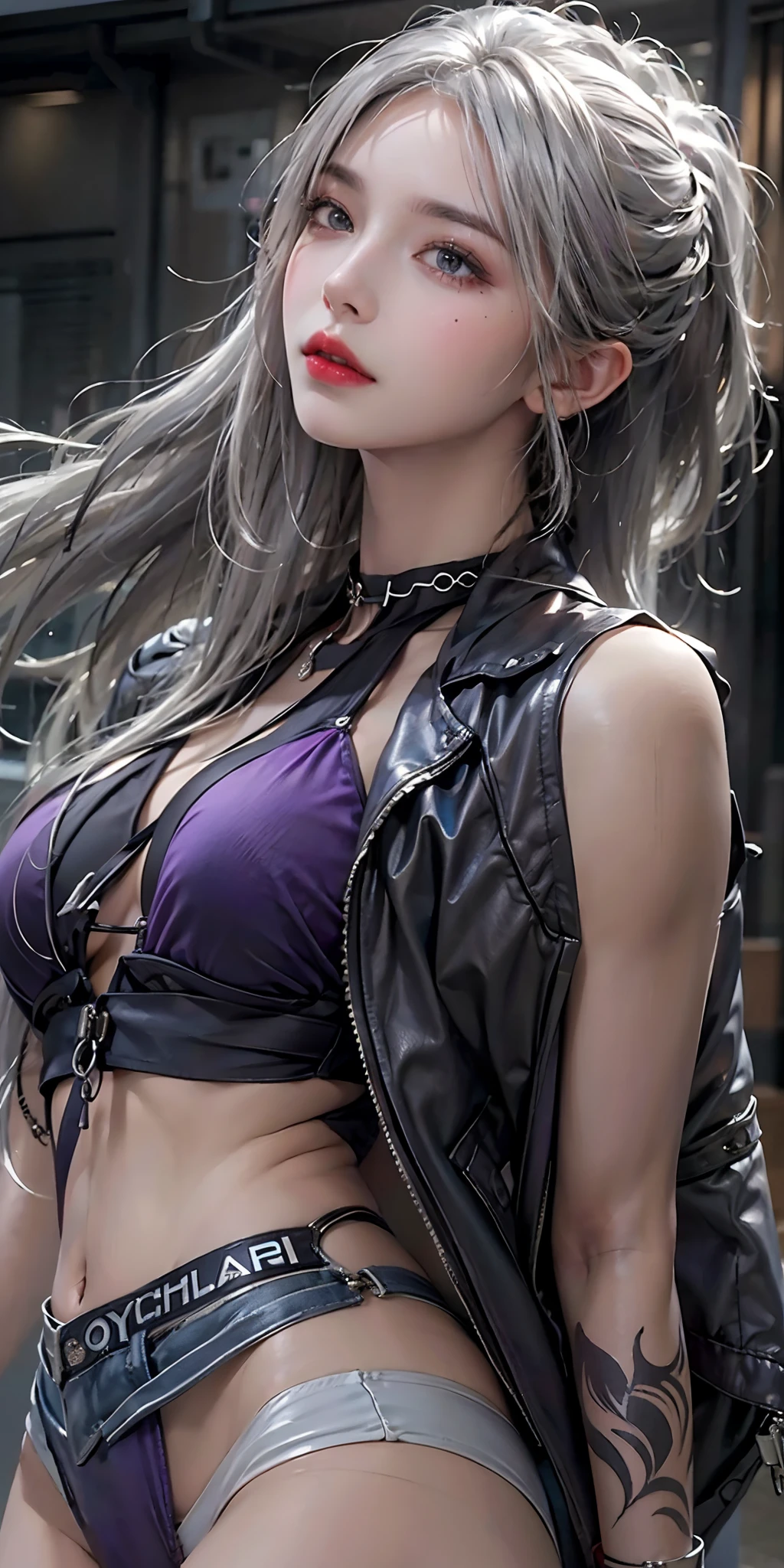 photorealistic, high resolution, soft light,1women, solo, hips up, (detailed face), silver hair, ponytail, grey hair, purple bikini, open jacket, tattoo, jewelry