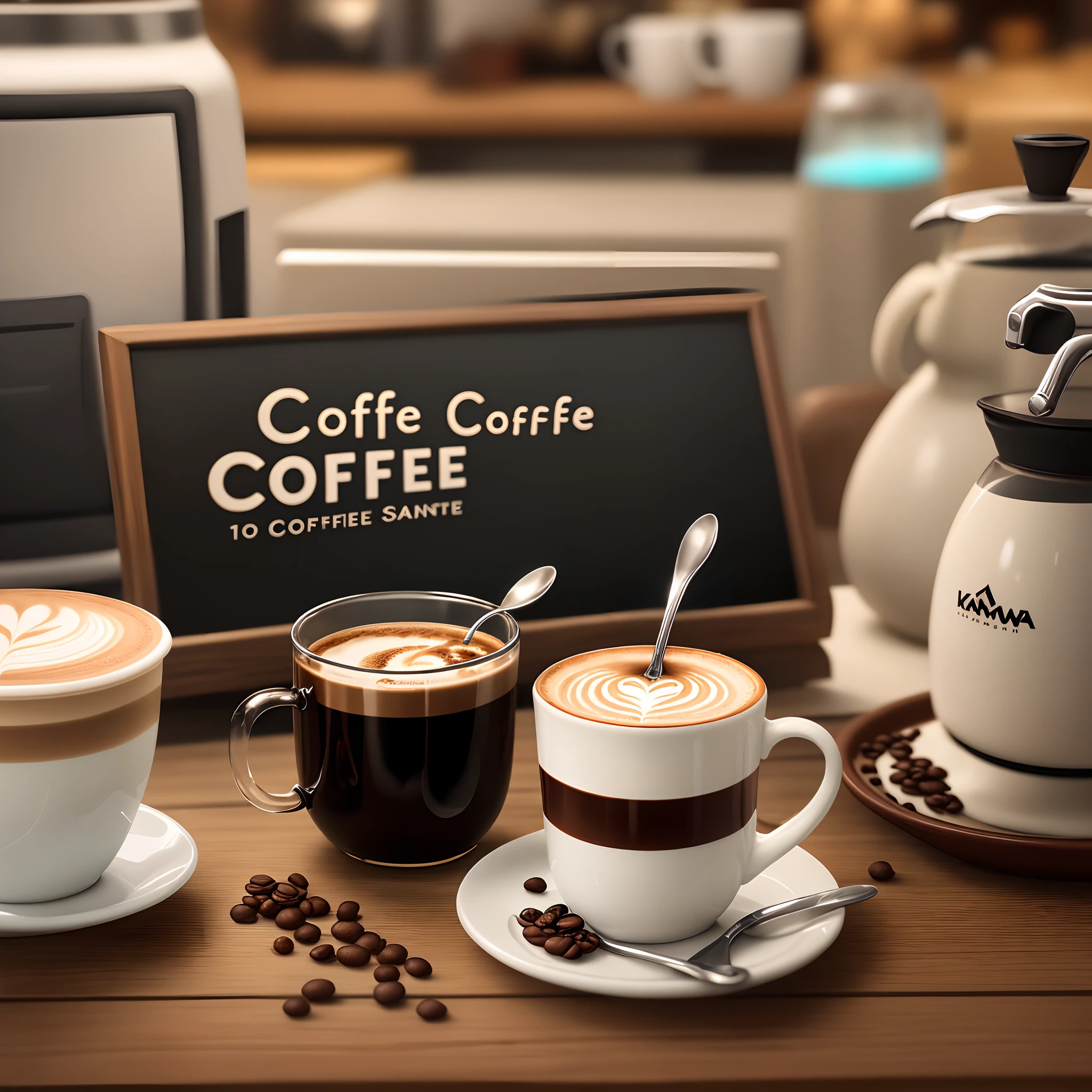 There was a cup of coffee with a saucer and spoon on the table, latte art, celebration of coffee products, A coffee, highly detailed composition, kawa, arabica style, high qualityProduct photography, coffee mug, commercial product photography, coffee art, Professional product photography, cozy cafe background, Product photography, photoreal render。There is water vapor on the surface of the coffee,There are scattered coffee beans on the table