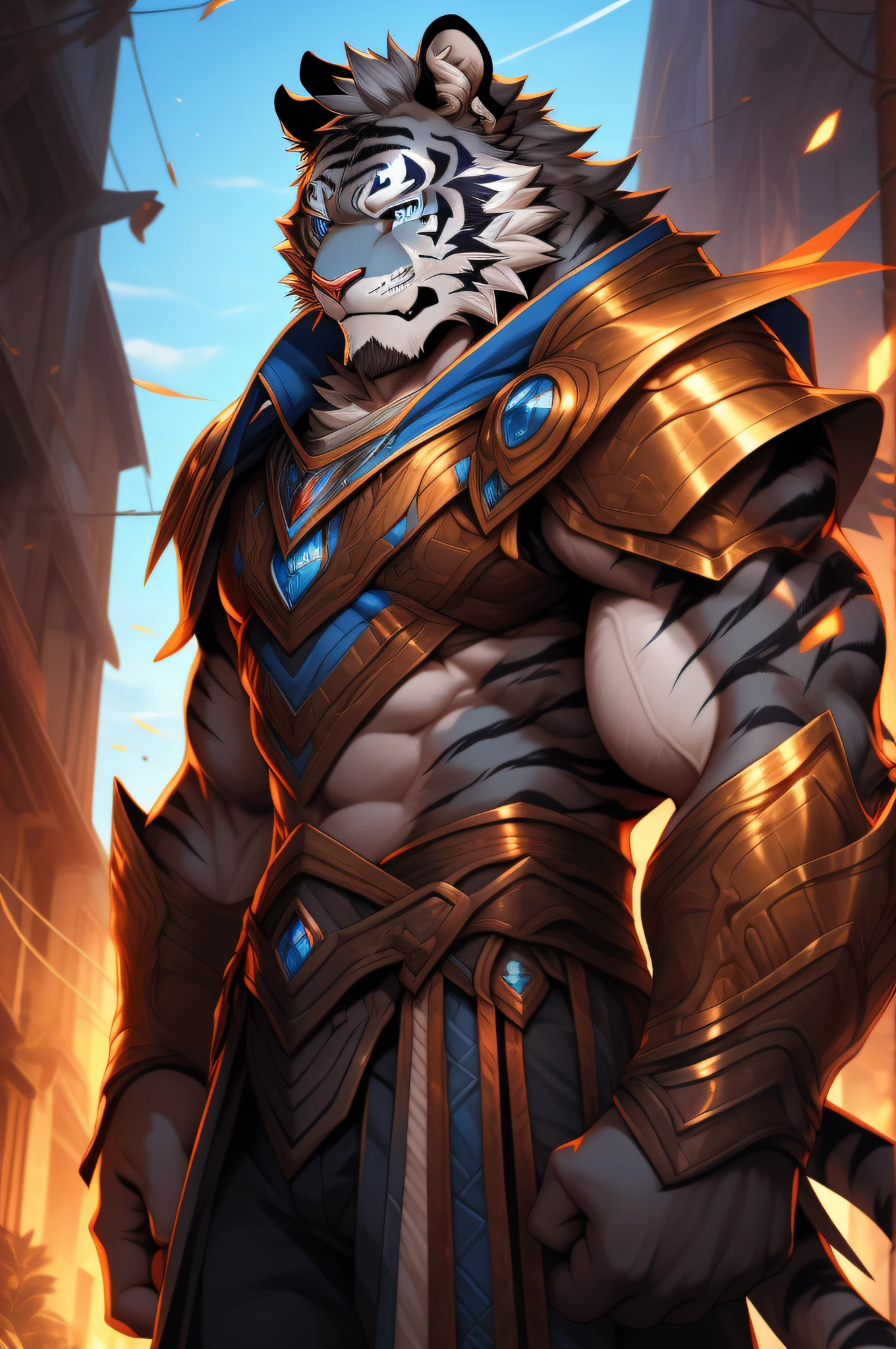 Two-dimensional tiger orcs,Adult tigers,The standard body of a tiger,The highest appearance,Highest image quality,blue color eyes,Look to the right,Tiger Tooth,best qualtiy,tmasterpiece,Textured skin,romanticism lain,Cinematic lighting effects,Ray traching,beautiful pupil,Diamond-shaped pupils,Eyes resolute,Gray hair,one sword, Silas, Extremely detailed Artgerm, caleb from critical role, commission for high resolution, warwick saint, Artgerm on ArtStation Pixiv, nasus, casimir art, trends in art station, raziel irl, djinn human hybrid,Wear knightly armor,