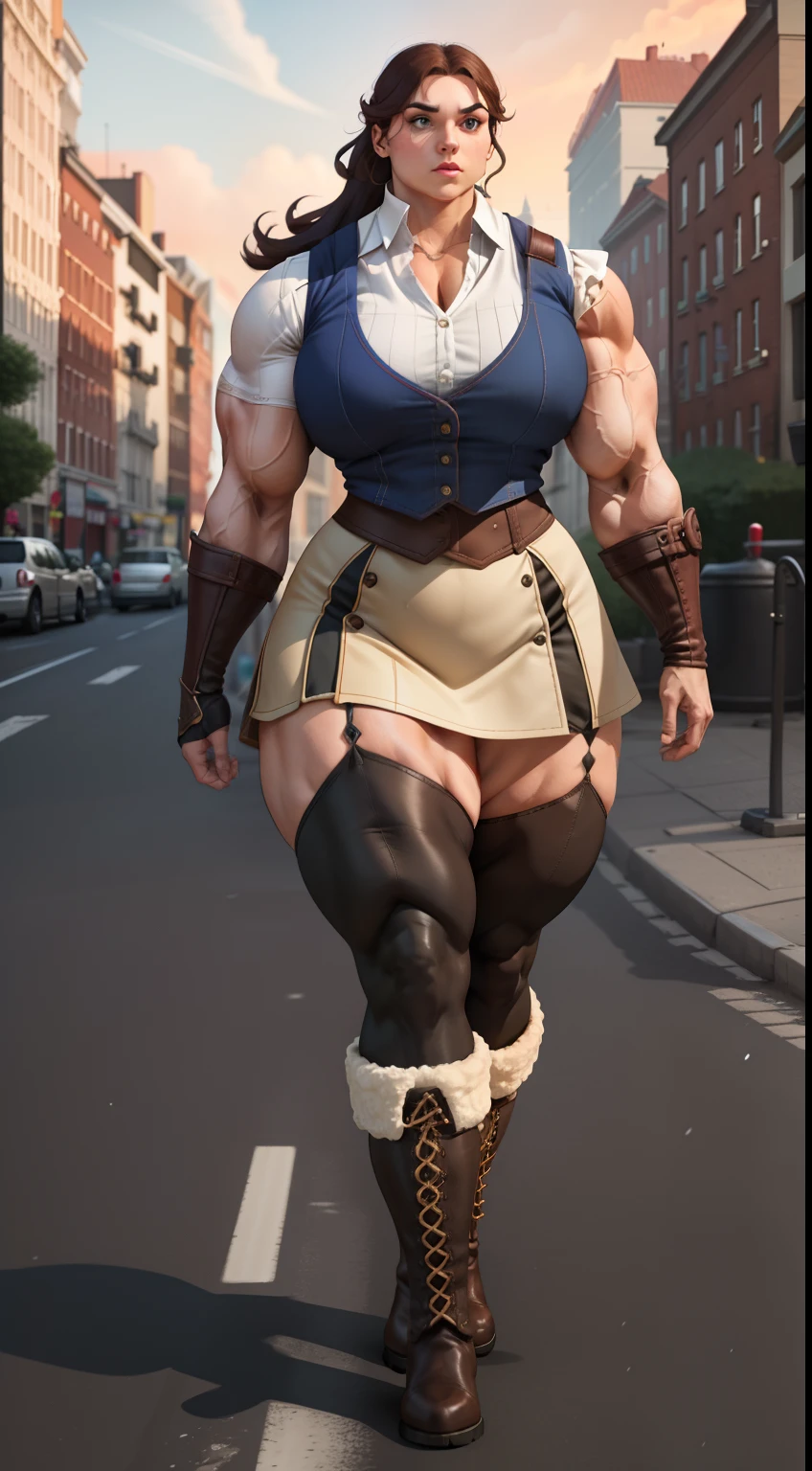 tmasterpiece，（Full body like:1.1），Burly woman，Exaggerated large muscles，stand posture，streets background，Beautiful and charming woman face，vests，Stockings，leather boots，1female，Thin waist，Very broad shoulders，Strong and powerful arms，Stout arms，Thick and powerful leg muscles，Very thick calves，Very long legs，