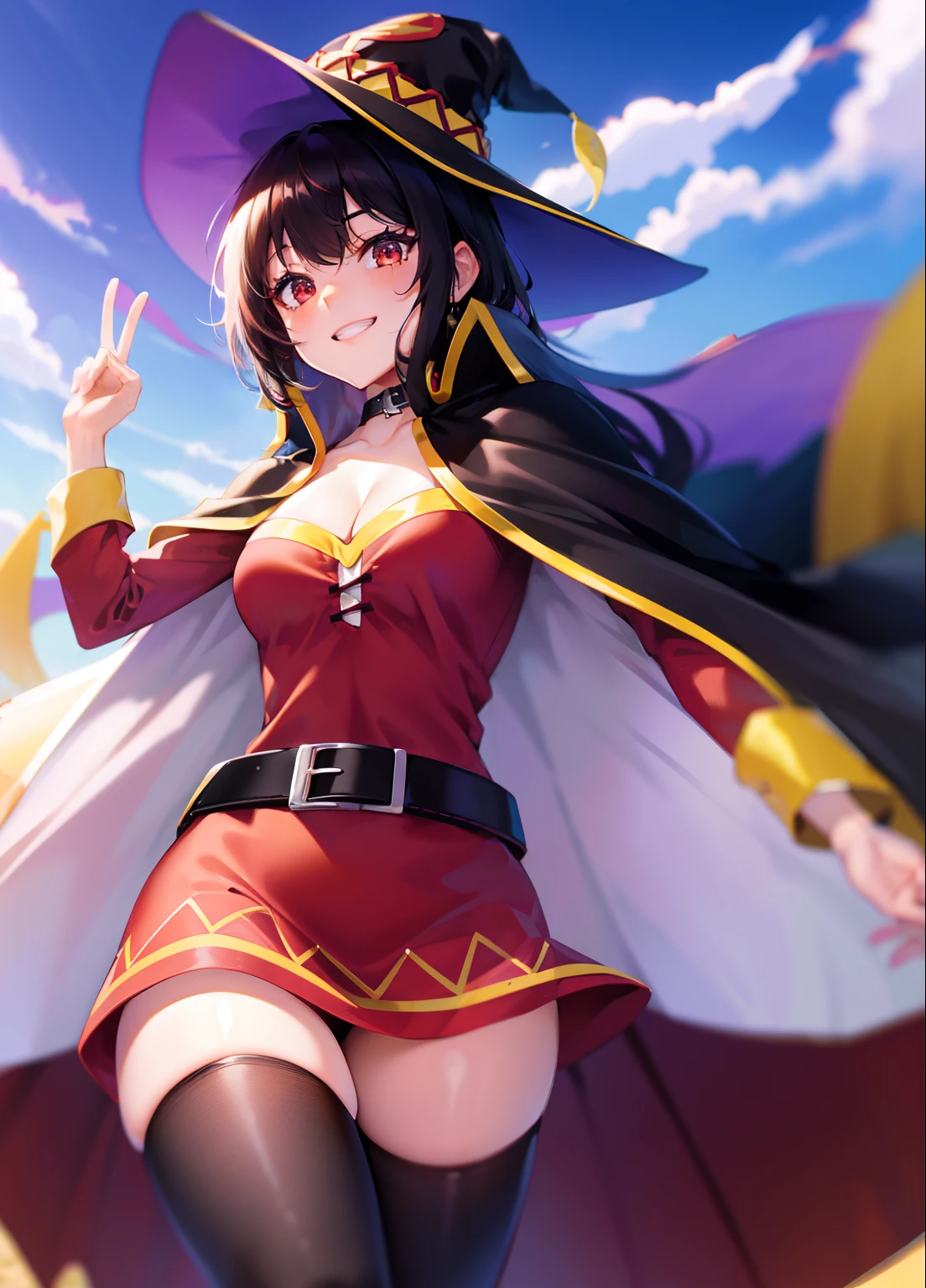 ((masterpiece)), (best quality:1.7), (detailed:1.4), (high res:1.4), 8k, (colorful:1.5), 2d, high resolution, sharped image, 4k, hd, megumin_konosuba, 1girl, (((solo))), ((black hair)), black thighhighs, wicth, witch hat, brown belt, red eyes, red dress, middle body, cowboy shot, smile, ((medium breasts)), (((cape))), peace symbol, long sleeves, cleavage, legs, long legs, school, ((field)), sun, sky, clouds, spread legs, ((looking at viewer)), (((two arms))), (((two hands))), choker, ((black cape)), hands on own hip, belt,