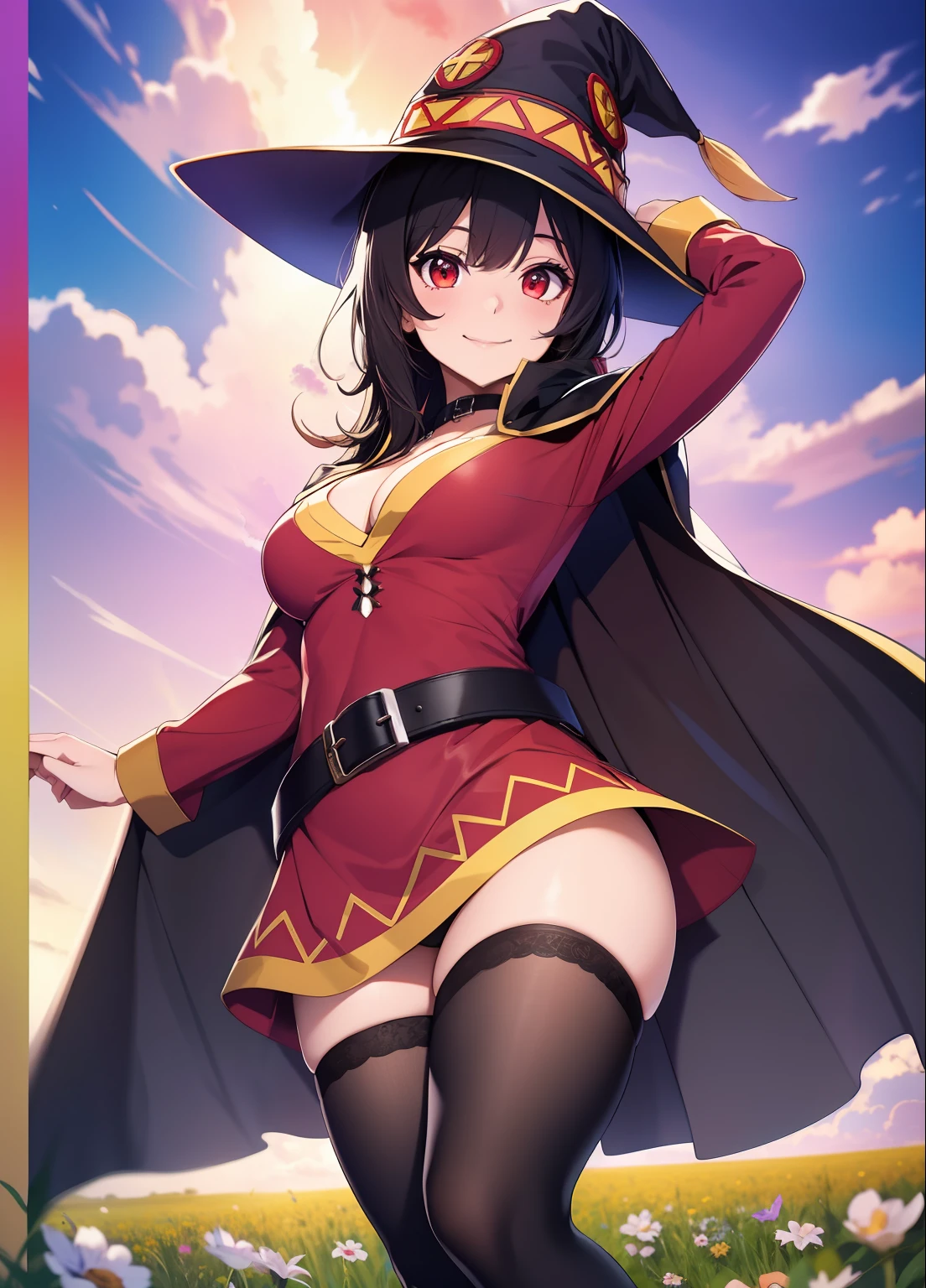 ((masterpiece)), (best quality:1.7), (detailed:1.4), (high res:1.4), 8k, (colorful:1.5), 2d, high resolution, sharped image, 4k, hd, megumin_konosuba, 1girl, (((solo))), ((black hair)), black thighhighs, wicth, witch hat, brown belt, red eyes, red dress, middle body, cowboy shot, smile, ((medium breasts)), (((cape))), peace symbol, long sleeves, cleavage, legs, long legs, school, ((field)), sun, sky, clouds, spread legs, ((looking at viewer)), (((two arms))), (((two hands))), choker, ((black cape)), hands on own hip, belt,