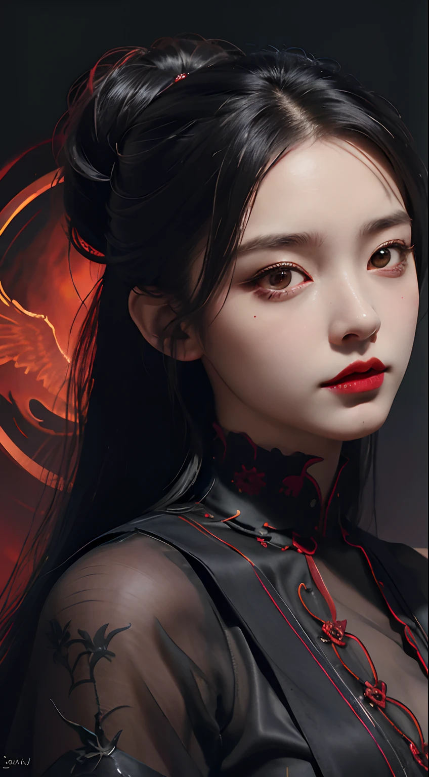 1 beautiful and seductive female devil, In the Dark: 1.6), surreal female portrait by David Hockney and Alphonse Mucha, fantasy art, korea doll, photorealism, dynamic lighting, artstation, poster, volumetric lighting, very detailed faces, 8k ultra, all body, Awarded, in the dark, deep shadow, low key, cowboy lens, (Red phoenix dress: 1.4), long hair, black hair, bust, luxurious palace, Royal style, devil crown, red eyes make up very sharp and detailed, The most beautiful face, big and regular breasts, Super realistic, chinese women's clothing, polo neck sweater, Charming smile, The eyes are very well made up, guweiz, devil style, loong, forehead mark, upper body, 2 bangs braided hair, Red lips, Devil tattoo on shoulder, wearing a thin red and black robe, the landscape is overcast and thunderous, Cover your hands with thin black gloves,