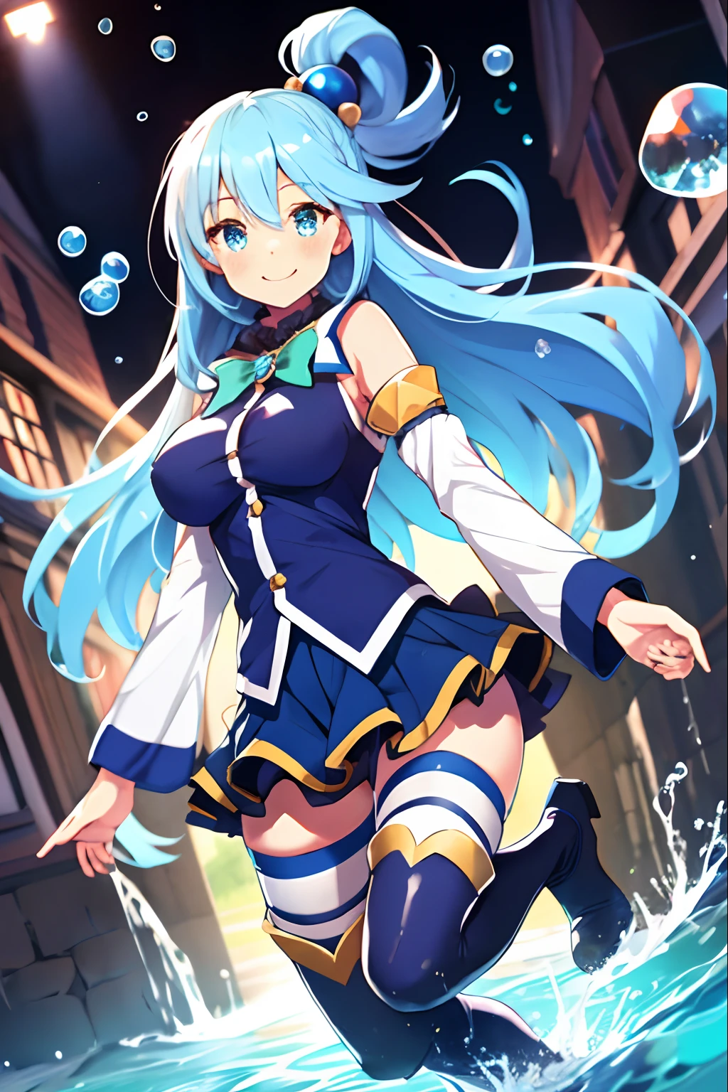 aqua \(konosuba\), mksks style, (very detailed background:1.0), (highly detailed background:1.0), {Masterpiece}, High Quality, 1girl, blue eyes, blue footwear, blue hair, blue thighhighs, blush, boots, breasts, bubble, detached sleeves, hair ornament, hair rings, leg up, long hair, looking at viewer, medium breasts, open hand, single hair ring, skirt, smile, solo, standing, standing on one leg, thigh boots, thighhighs, very long hair, water, white thighhighs, kono subarashii sekai ni shukufuku wo!,