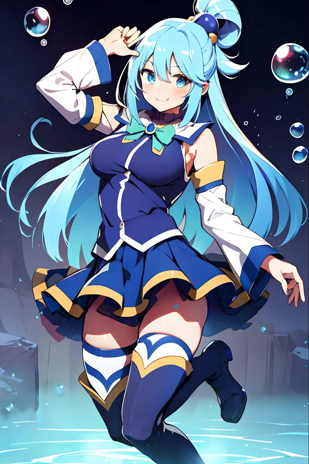 aqua \(konosuba\), mksks style, (very detailed background:1.0), (highly detailed background:1.0), {Masterpiece}, High Quality, 1girl, blue eyes, blue footwear, blue hair, blue thighhighs, blush, boots, breasts, bubble, detached sleeves, hair ornament, hair rings, leg up, long hair, looking at viewer, medium breasts, open hand, single hair ring, skirt, smile, solo, standing, standing on one leg, thigh boots, thighhighs, very long hair, water, white thighhighs, kono subarashii sekai ni shukufuku wo!,