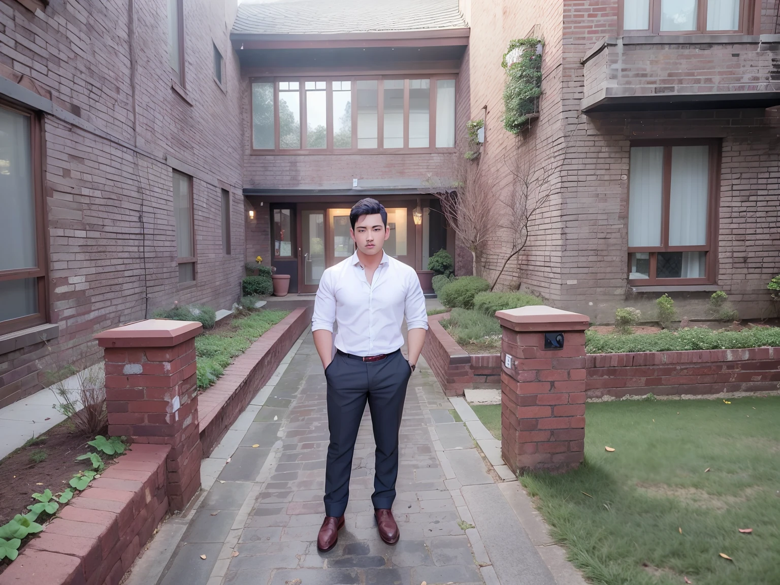 arafed man standing in front of a brick building with a walkway, in front of the house, full body photogenic shot, standing outside a house, very very low quality picture, discovered photo, at college, ready for a meeting, symmetry!! full shot!!, taken in the early 2020s, arhitectural shot