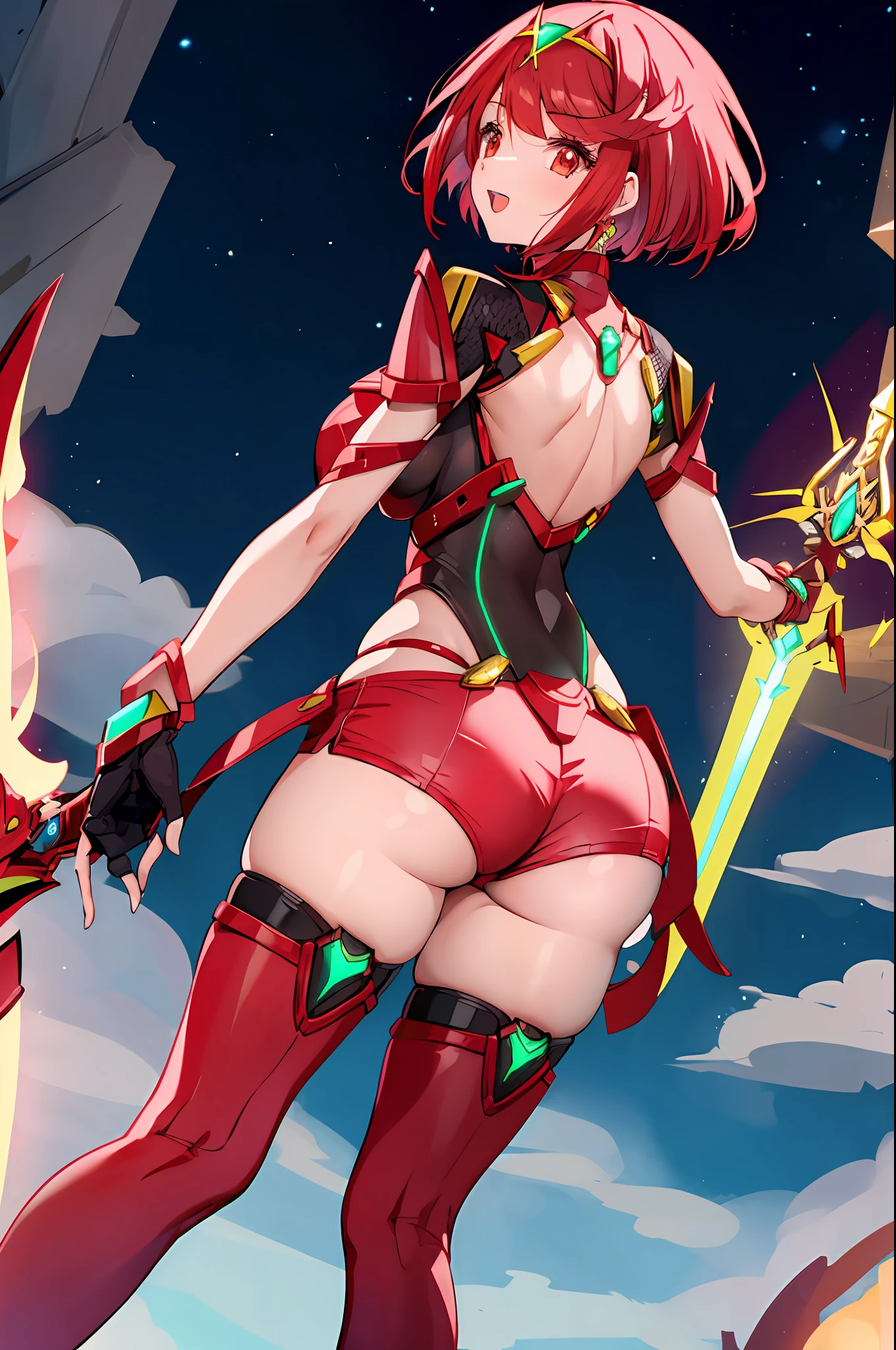 pyra \(xenoblade\), _1girl, armor, bangs, black gloves, breasts, red eyes, closed mouth, earrings, eyelashes, fingerless gloves, floating hair, framed breasts, gem, gloves, hair ornament, headpiece, jewelry, big_breasts, leaning back, leotard, neon trim, official art, pose, red hair, red shorts, saitou masatsugu, short hair, short shorts, short sleeves, shorts, sidelocks, skin tight, solo, standing, swept bangs, thighhighs, tiara, night_prairie_background, turtleneck, underbust, vambraces, xenoblade chronicles \(series\), (xenoblade chronicles 2), apart_legs, fire_effect,dynamic_pose,fighting,light_smile, (plump:1.1), big_ass,huge_sword, hold_large_sword_hilt, solo, covered_nipples, covered_pussy,open_mouth,back_view, fists,