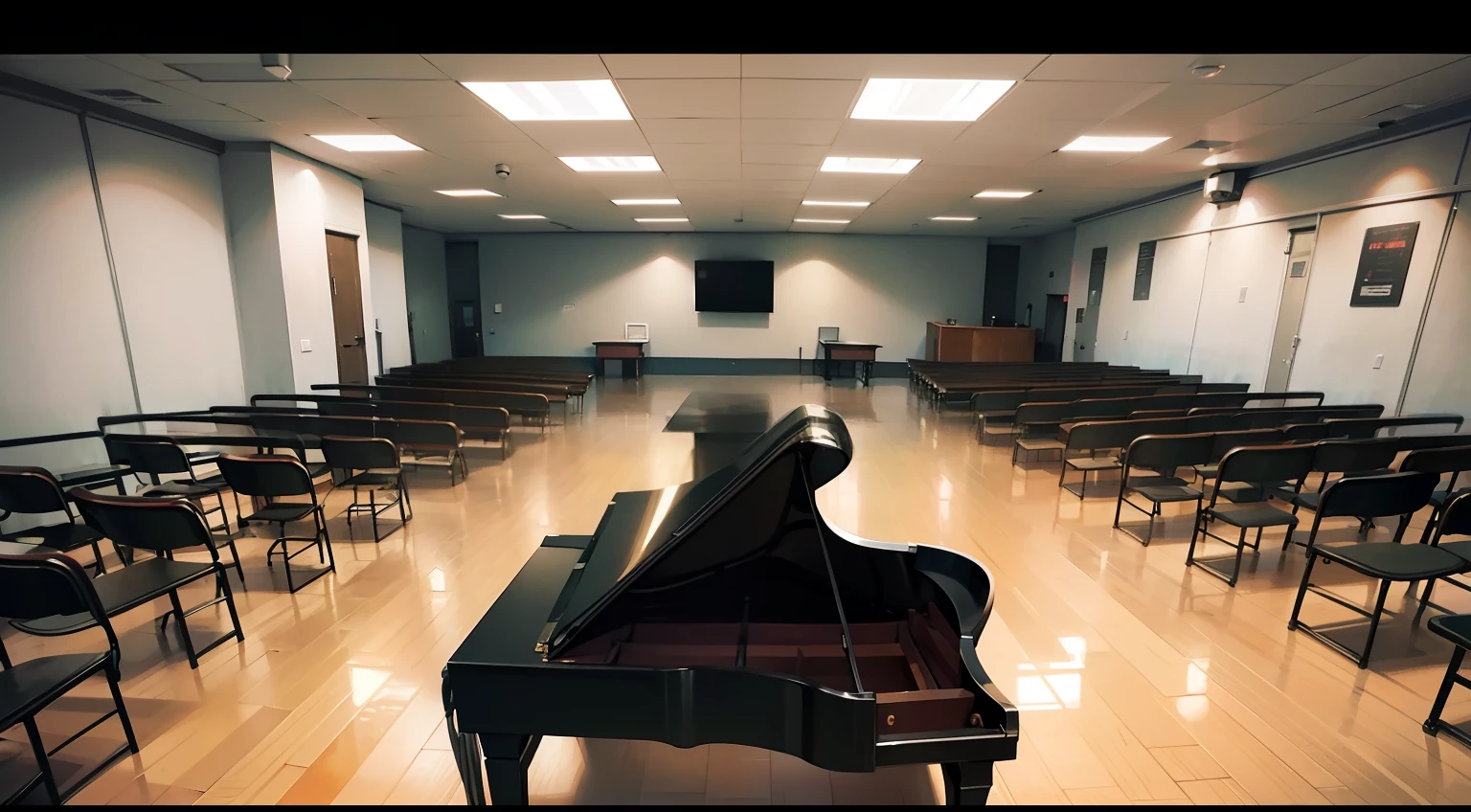 Empty landscape、School Music Room、There is a black grand piano in the back, and a desk and chair for students are lined up in the foreground.、Audio equipment