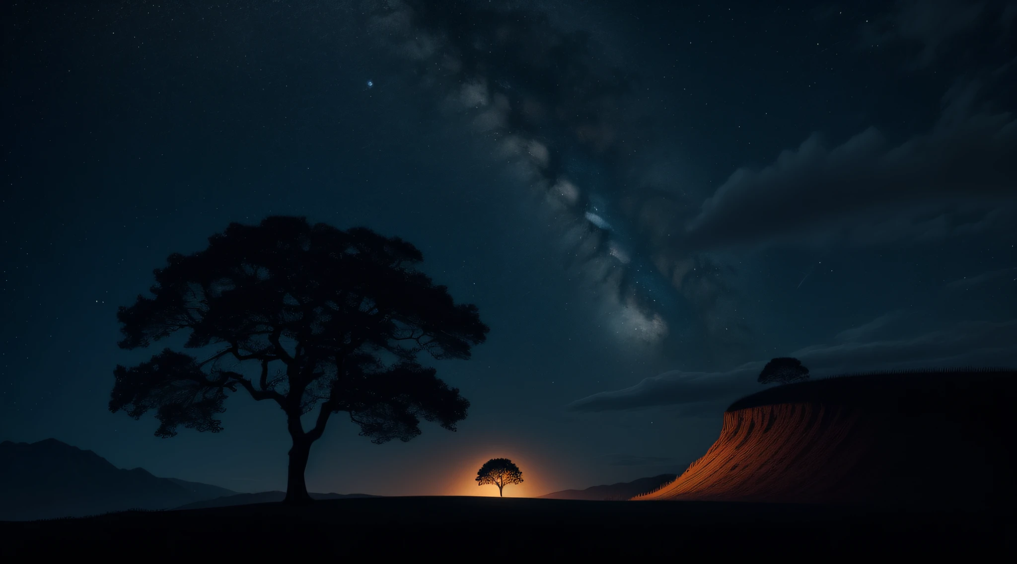 question mark in the shape of a tree over a hill in a moonlit night