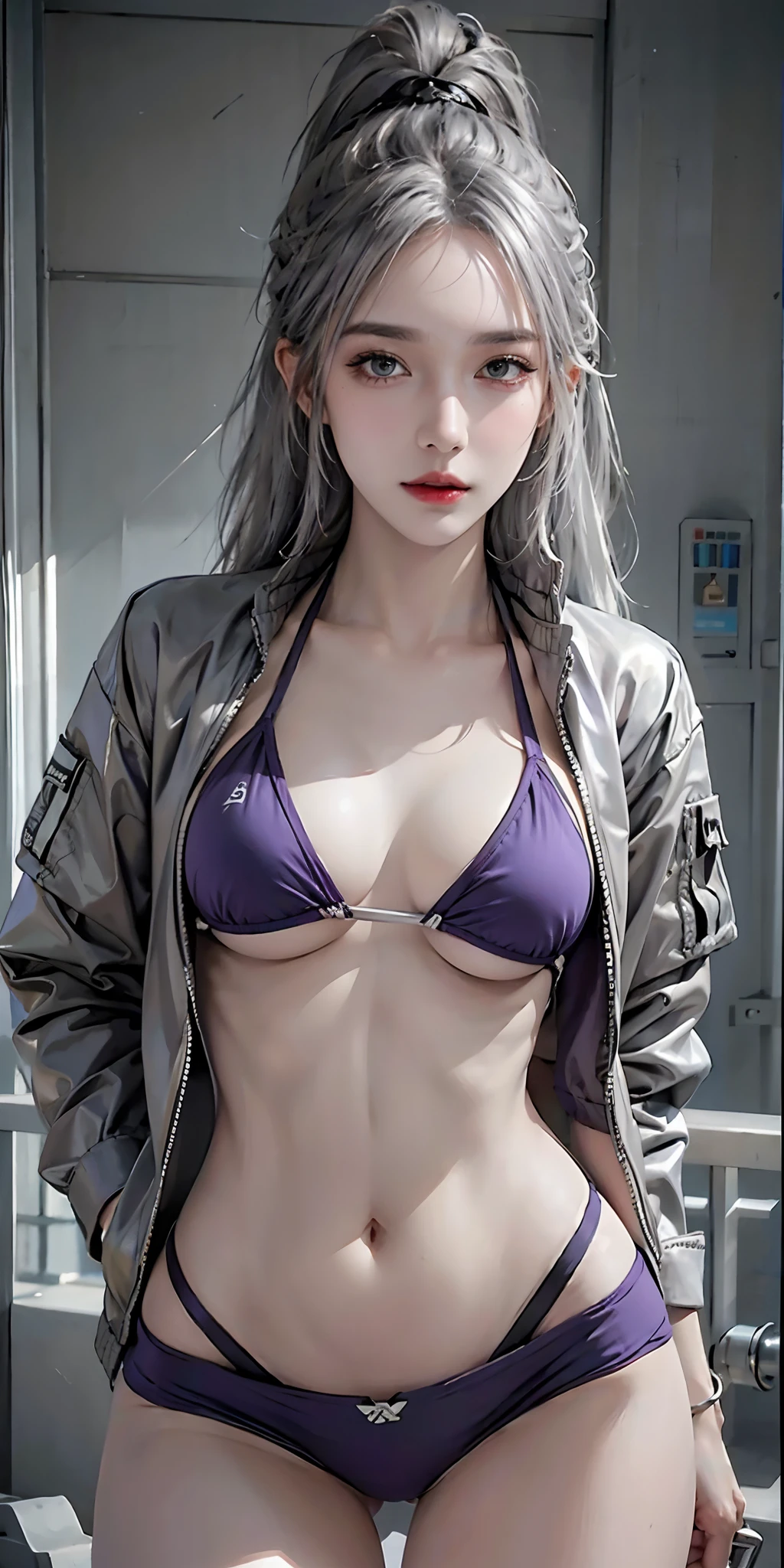 photorealistic, high resolution, soft light,1women, solo, hips up, (detailed face), silver hair, ponytail, grey hair, purple bikini, open jacket, tattoo, jewelry