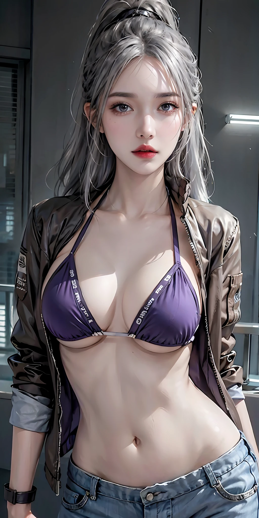 photorealistic, high resolution, soft light,1women, solo, hips up, (detailed face), silver hair, ponytail, grey hair, purple bikini, open jacket, tattoo, jewelry