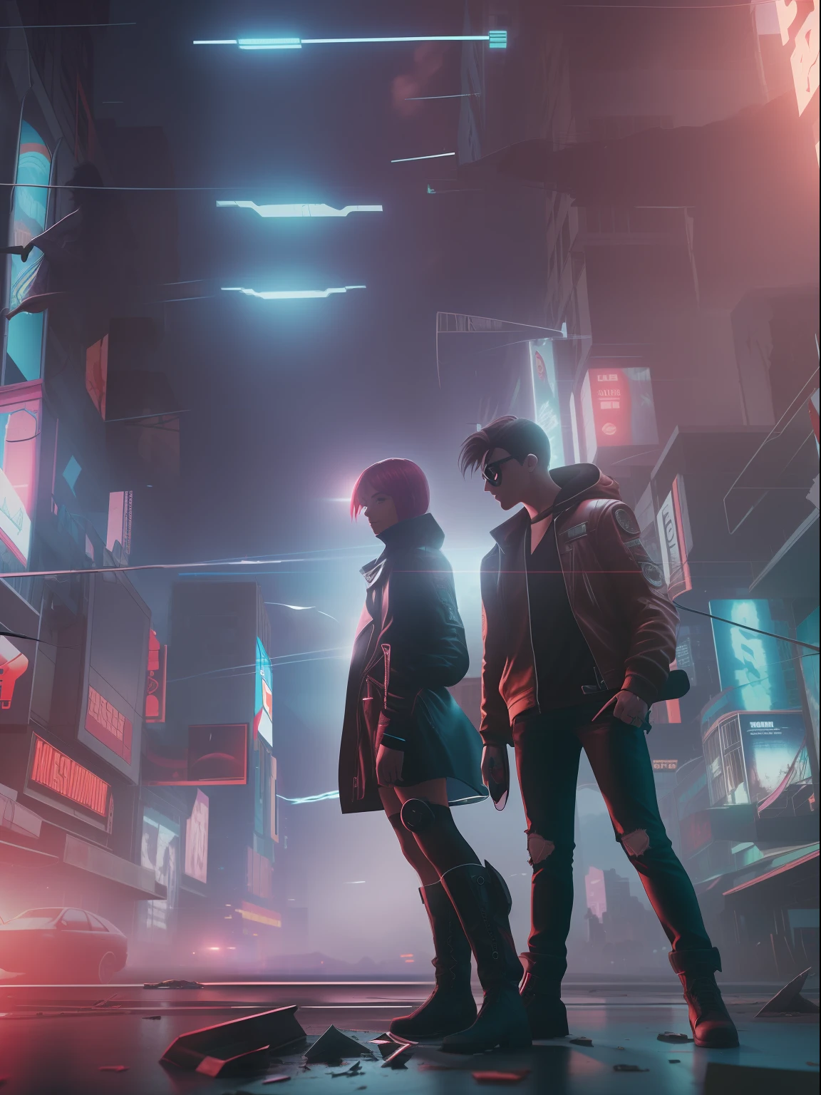1 girl, 1 boy, cyberpunk broken city, damaged lighting effects, broken billboards, brochure flying in the sky, dynamic poses, full body poses, film lighting effects, realistic disaster, cannon 50mm lense, ray tracing, (blured if required anywhere)
