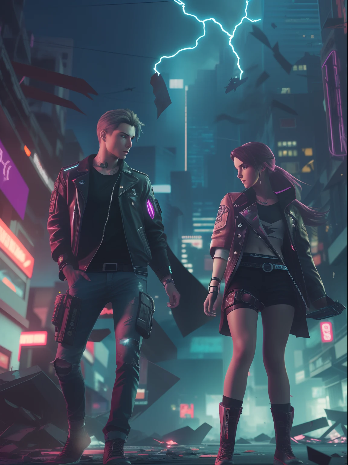 1 girl, 1 boy, cyberpunk broken city, damaged lighting effects, broken billboards, brochure flying in the sky, dynamic poses, full body poses, film lighting effects, realistic disaster, cannon 50mm lense, ray tracing, (blured if required anywhere)