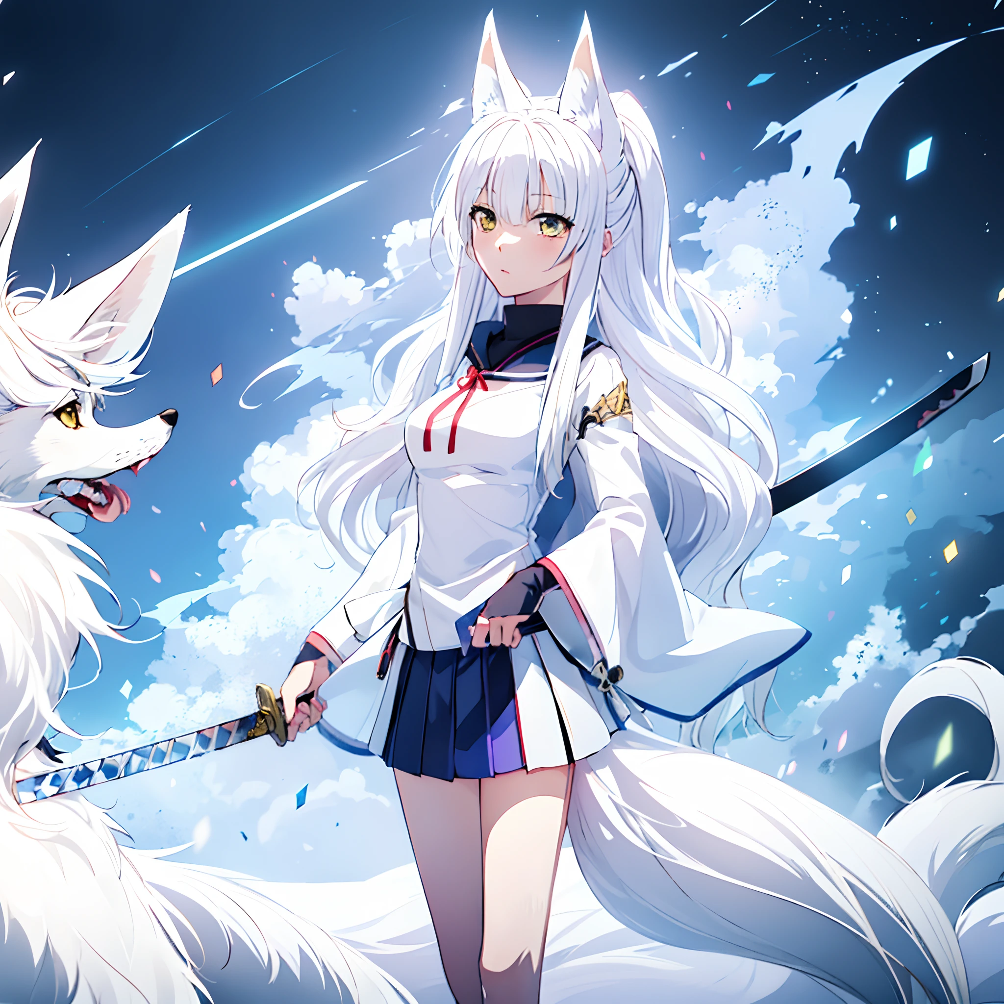 anime girl with long white hair holding a sword and wearing a skirt, fox nobushi, white - haired fox, white fox anime, nyaruko-san, white haired deity, holo is a wolf girl, anime character, female anime character, mizutsune, vampire white fox,