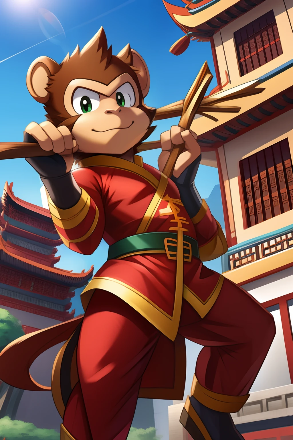 building, high quality, 1male, hero suit, monkey hero, chinese costume, stick weapon