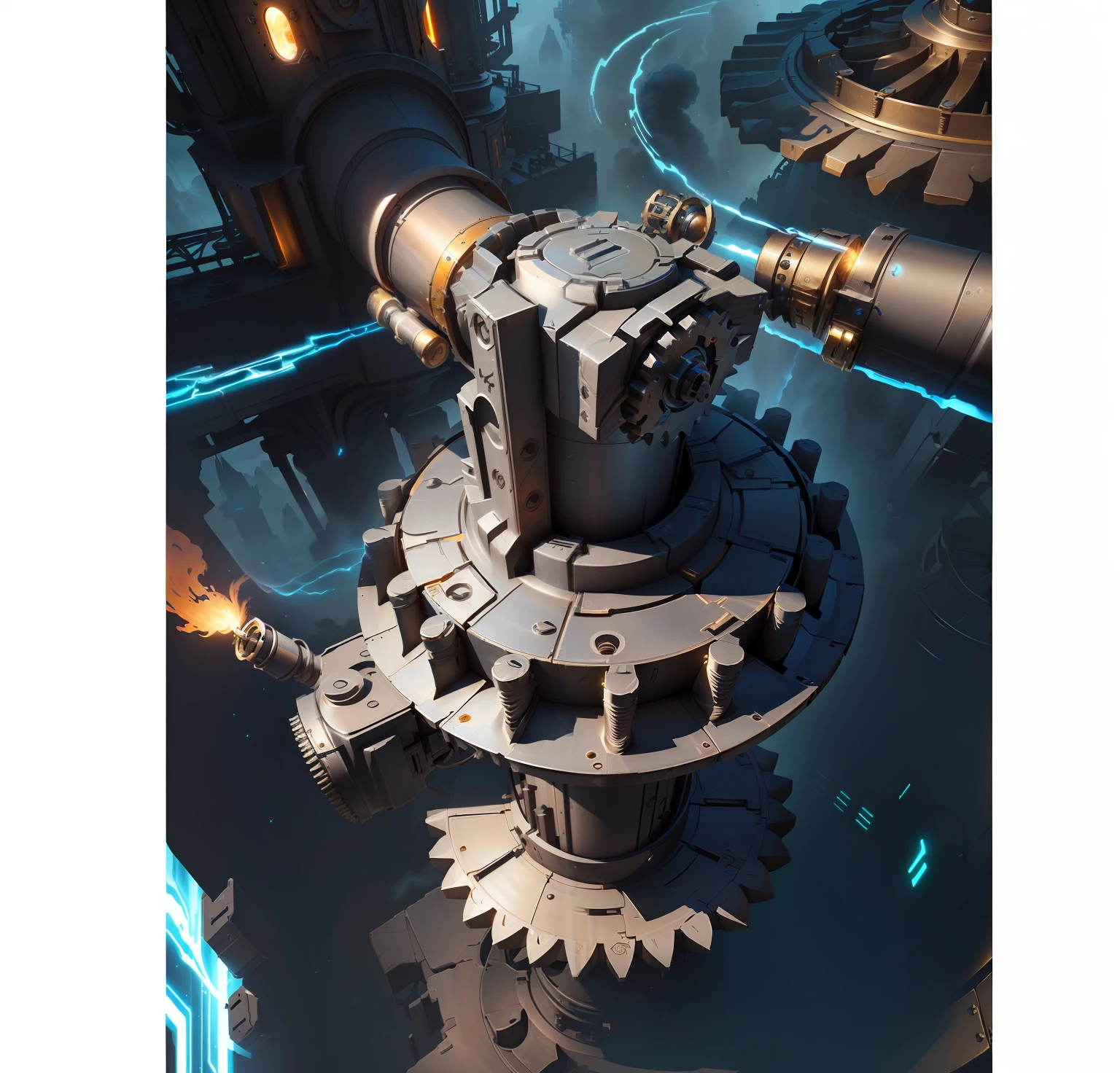 Mechanical deformation energy column,For firing shields,with light glowing,Launcher, game image, amplified ritual engine, hyper-high detail, Ultra-high detail, giant imposing steampunk tower, Giant interlocking gears, Extremely high level of detail, heavy detail, Epic detail, Source engine mapping, Giant mechanical device